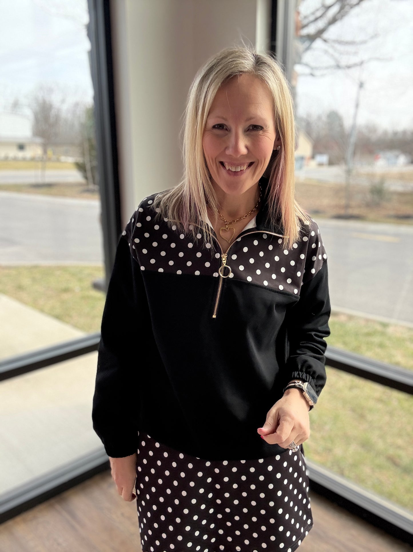 Mia Pullover- Black Polka Dot