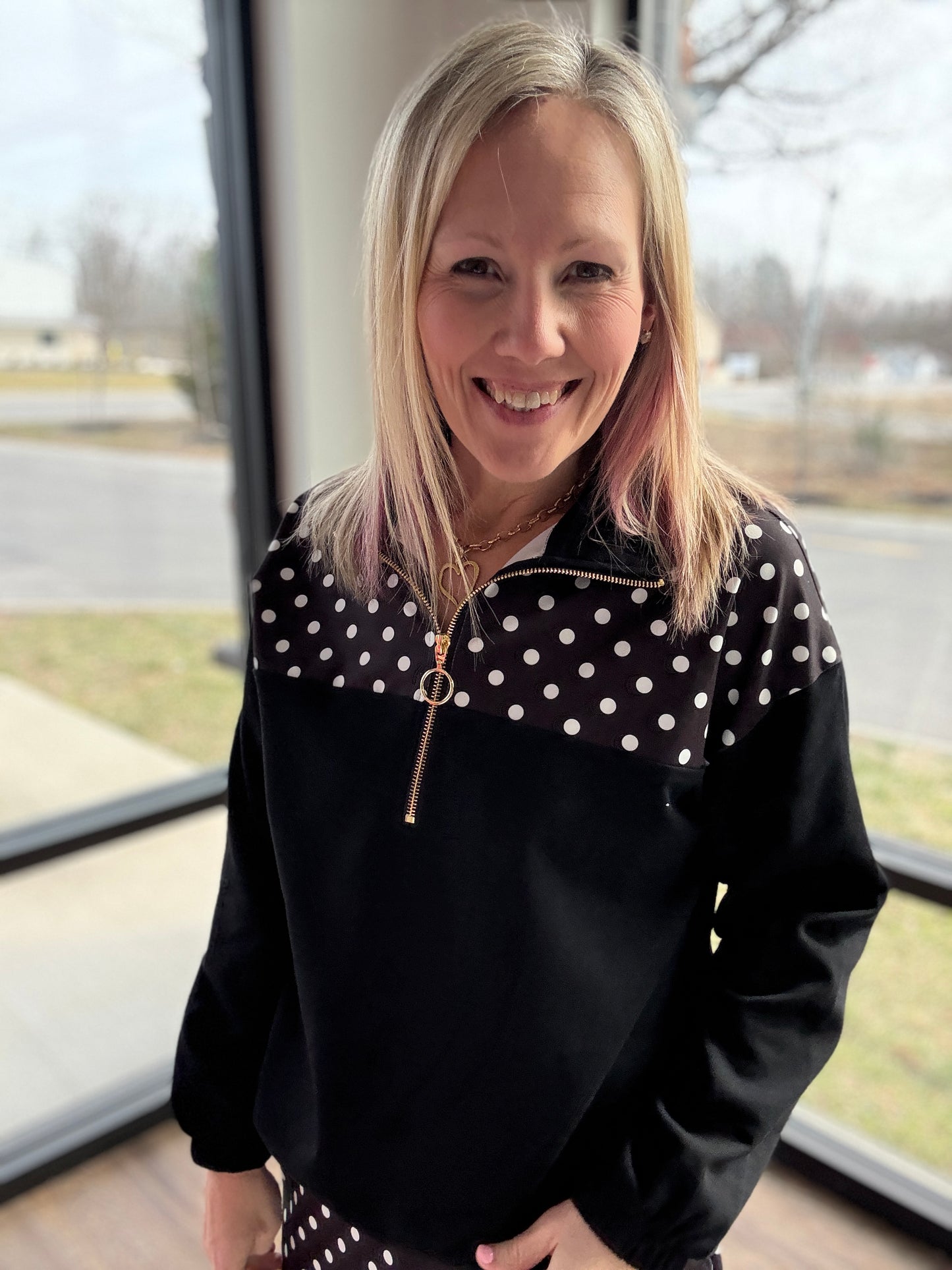 Mia Pullover- Black Polka Dot