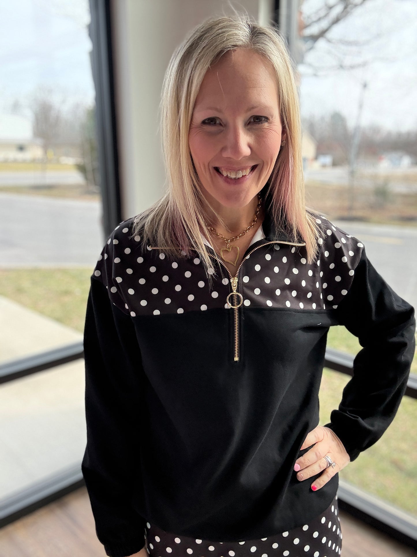 Mia Pullover- Black Polka Dot
