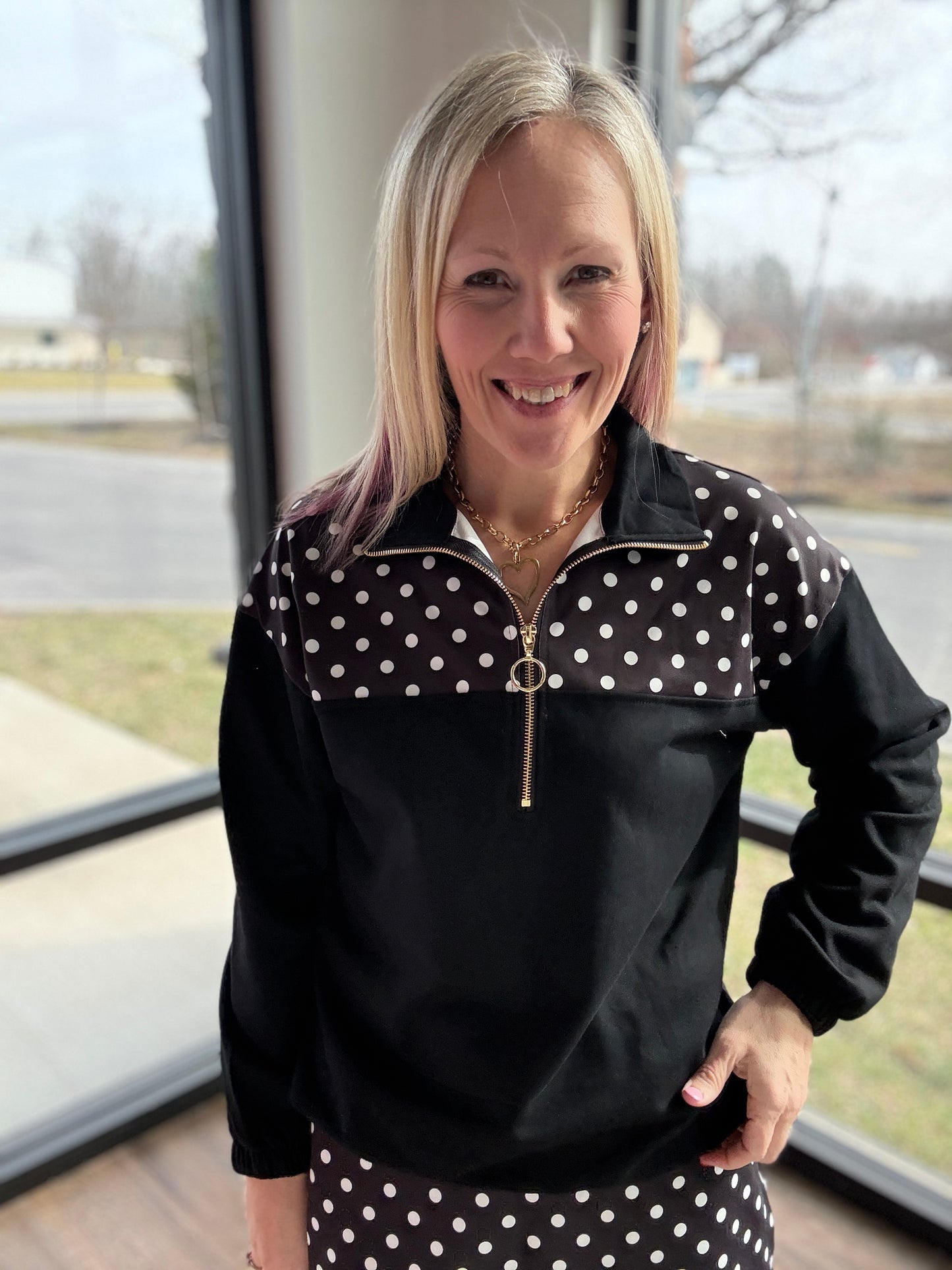 Mia Pullover- Black Polka Dot