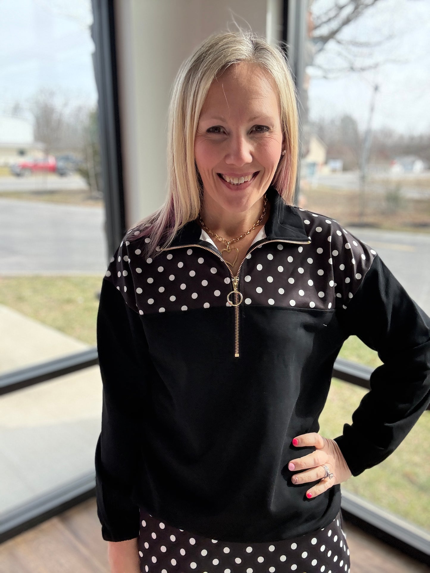 Mia Pullover- Black Polka Dot