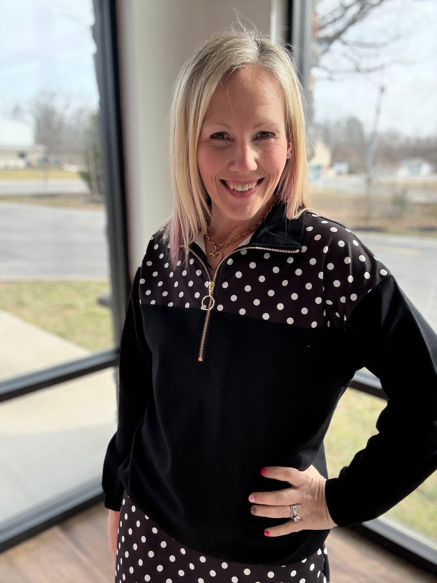 Mia Pullover- Black Polka Dot