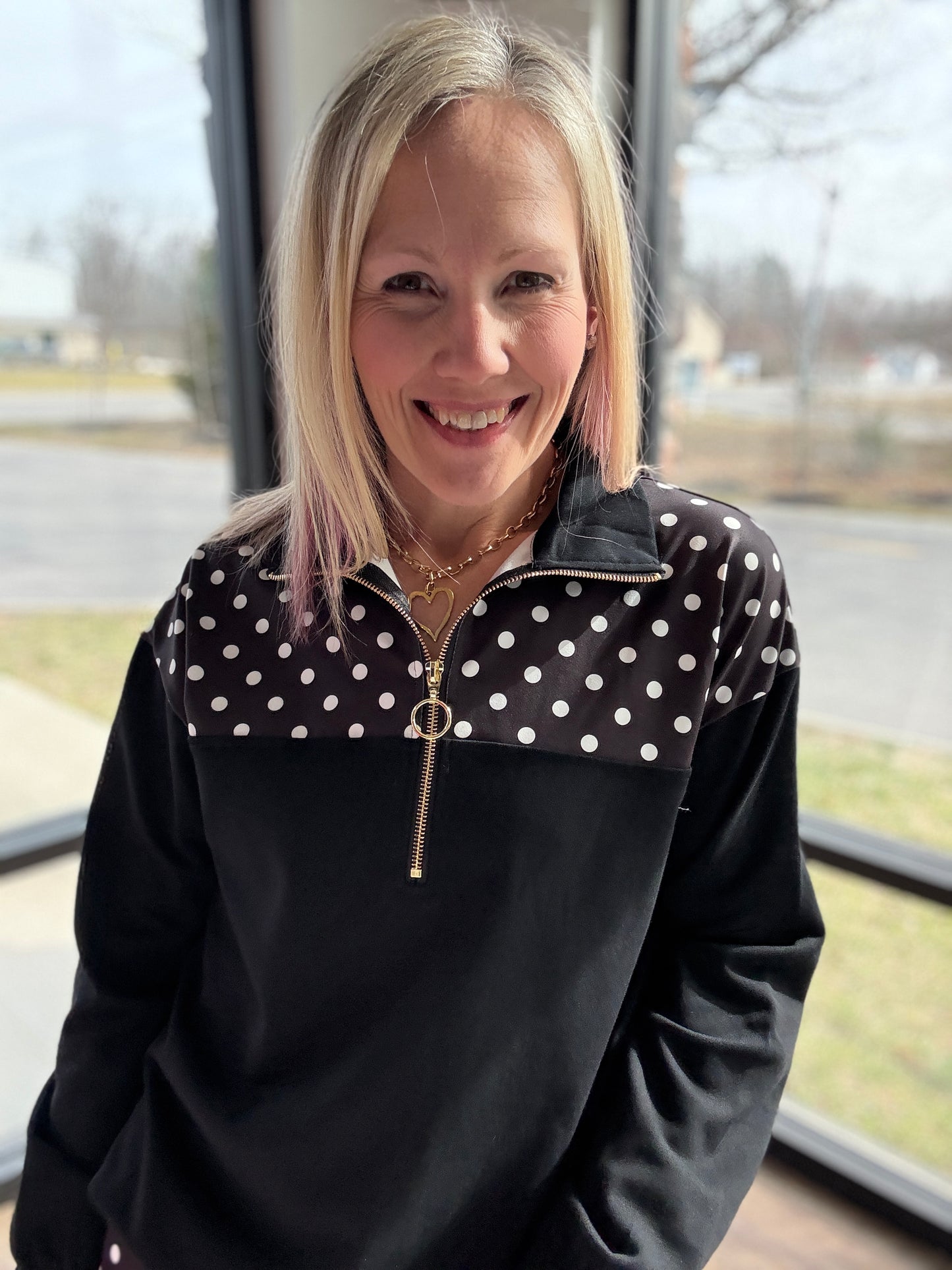 Mia Pullover- Black Polka Dot