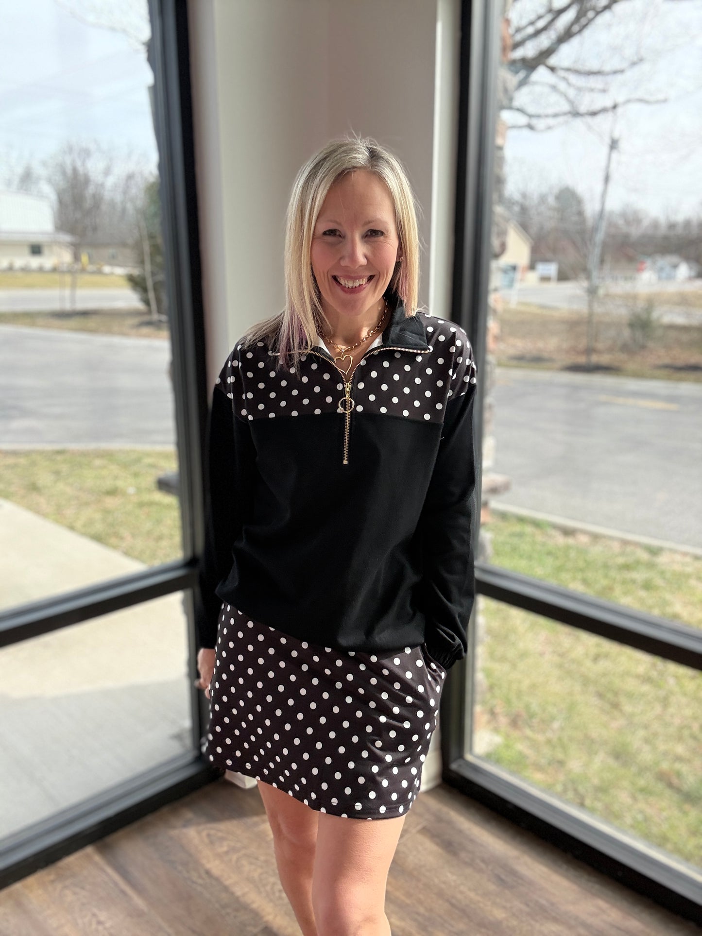 Mia Pullover- Black Polka Dot