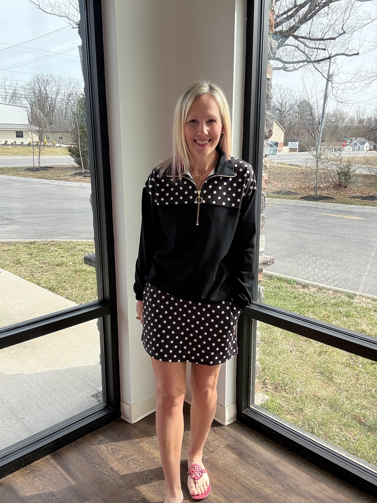 Mia Pullover- Black Polka Dot