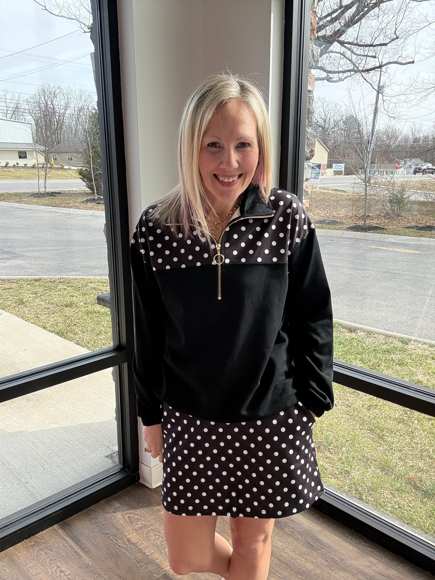 Mia Pullover- Black Polka Dot