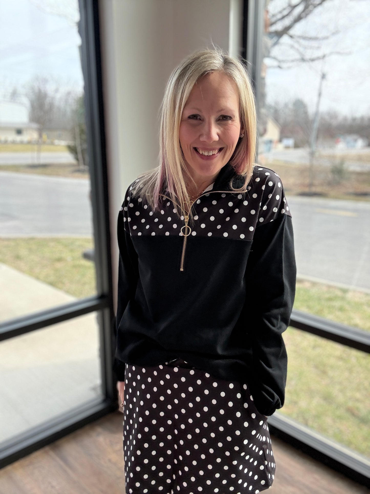 Mia Pullover- Black Polka Dot