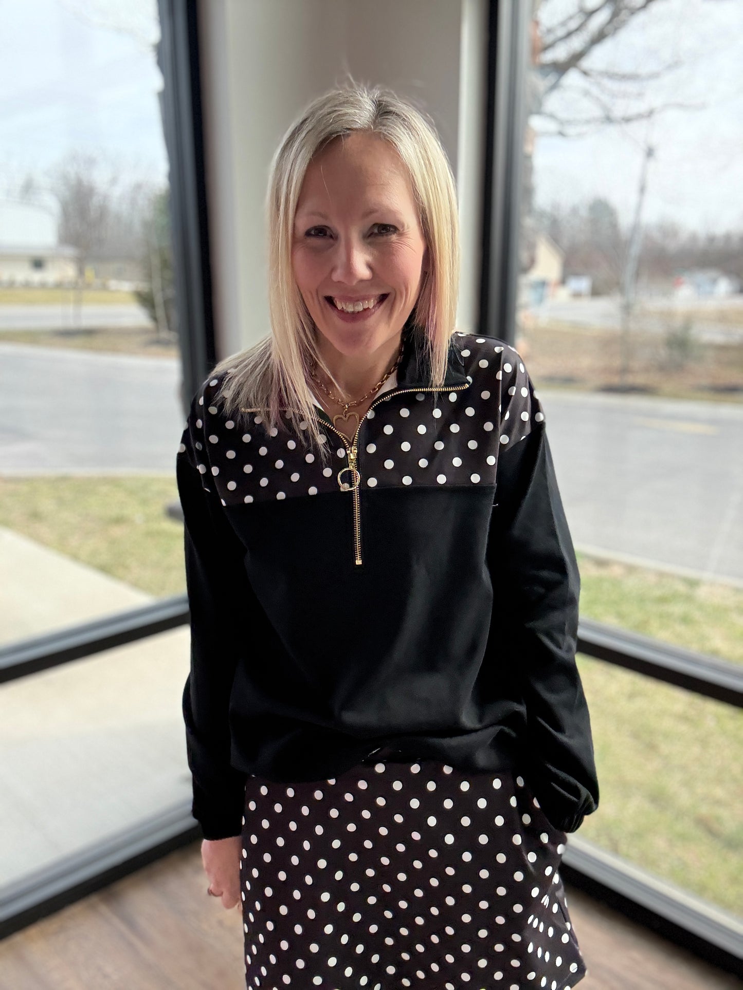 Mia Pullover- Black Polka Dot