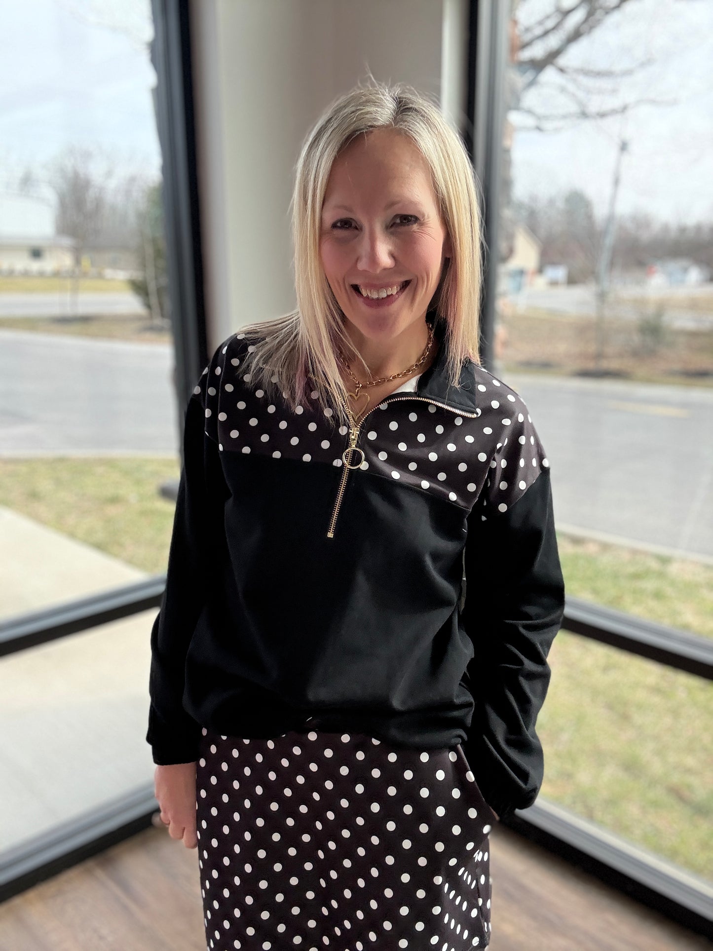 Mia Pullover- Black Polka Dot