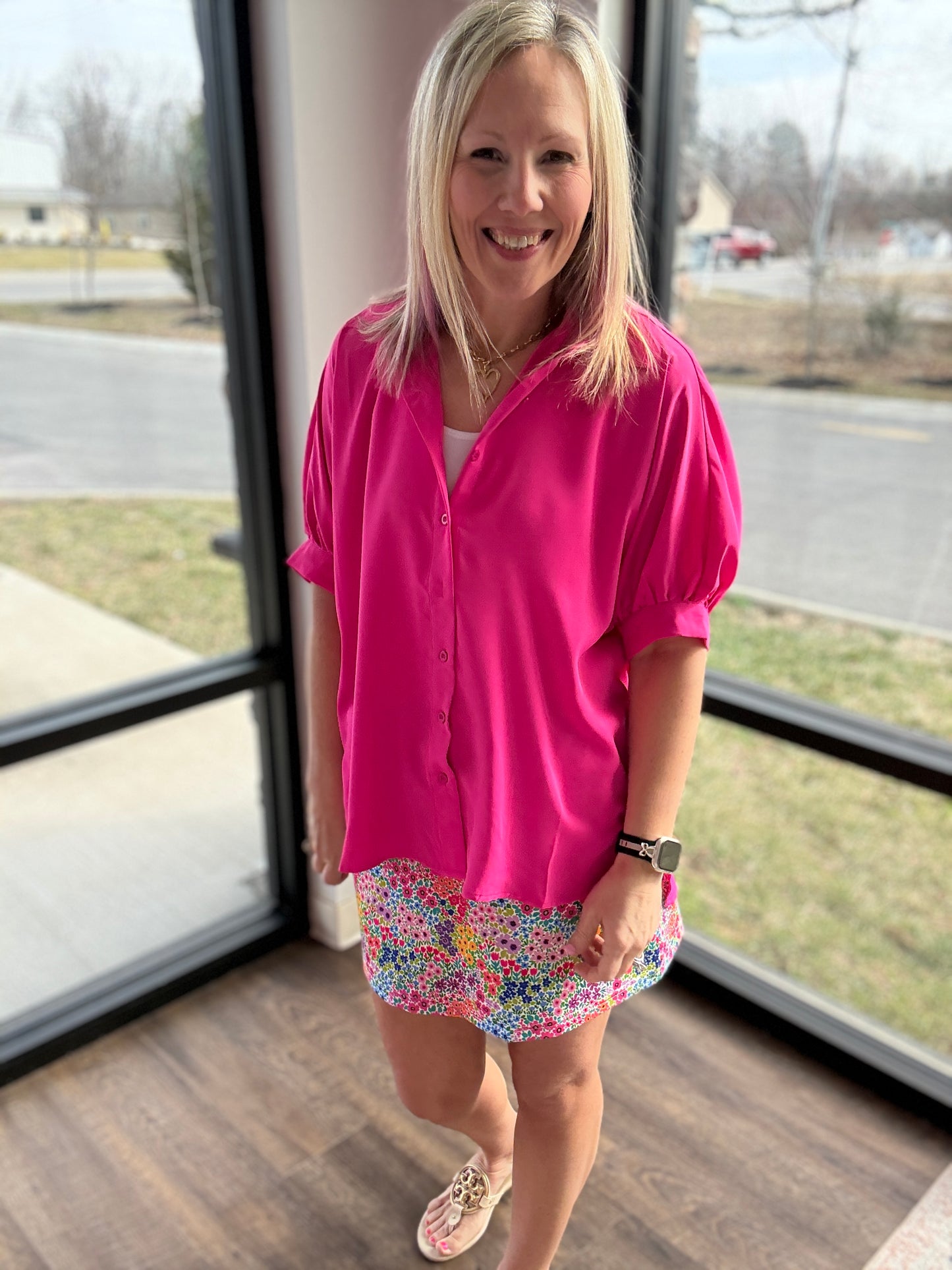 Sutton Button Up Top- Pink