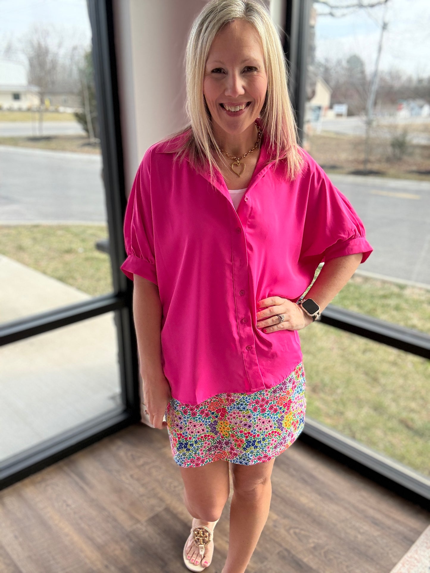 Sutton Button Up Top- Pink