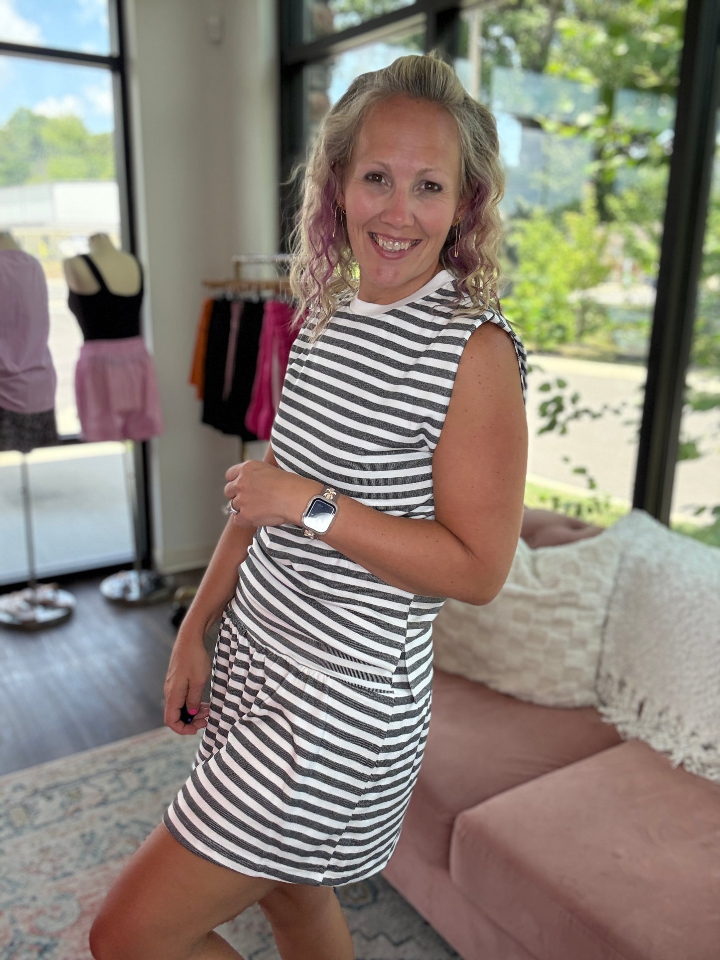 Coastal Stripes Skort Set- Charcoal