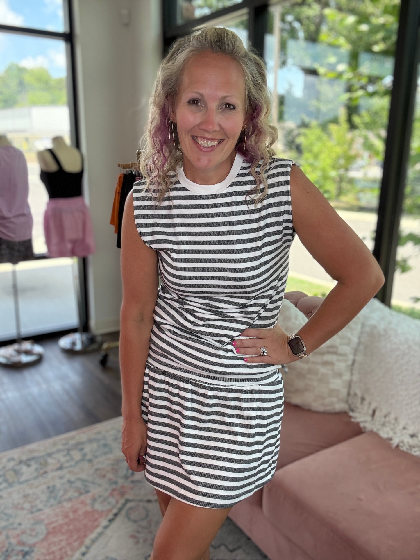 Coastal Stripes Skort Set- Charcoal