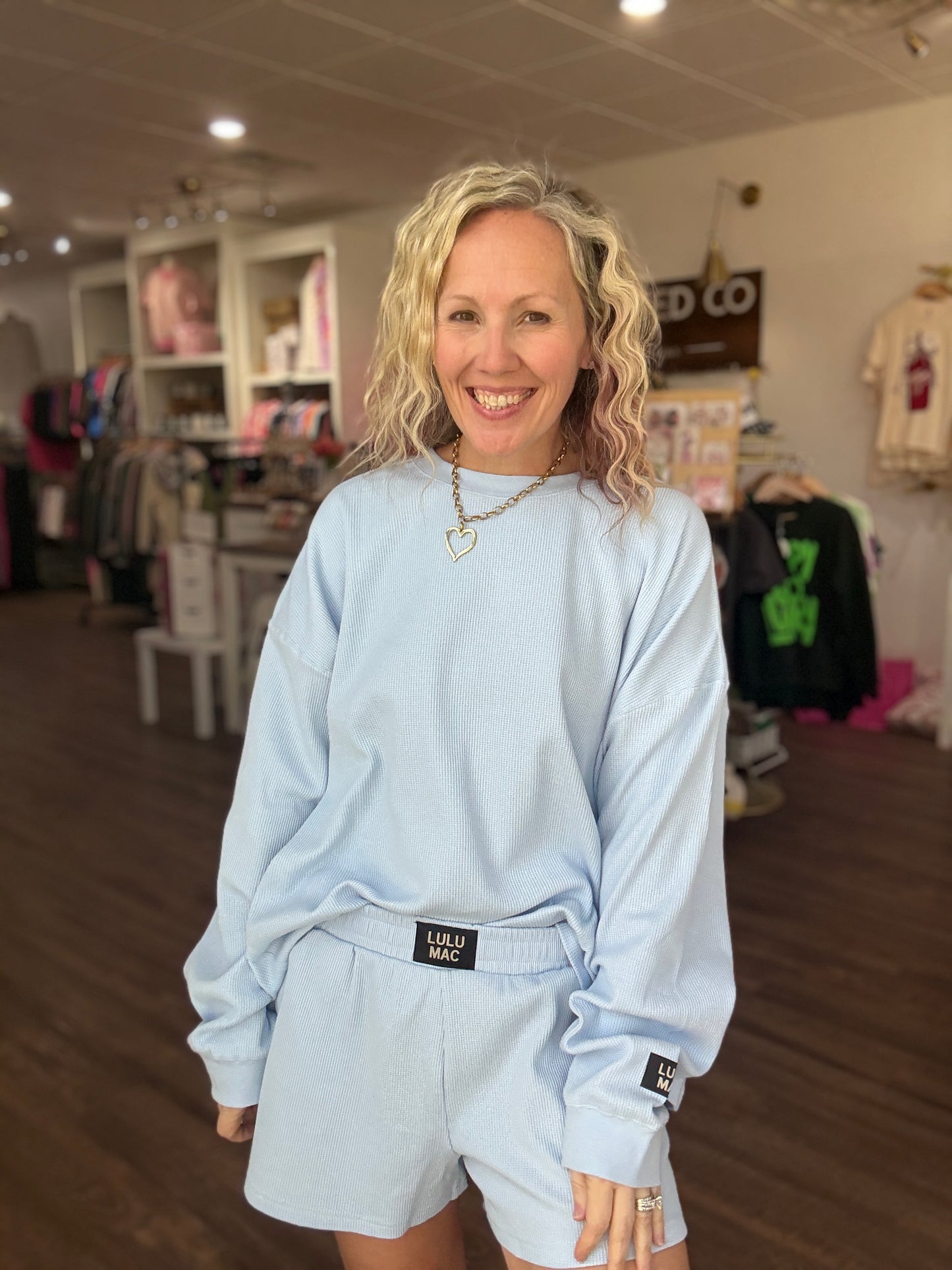 Waffle Pop Long Sleeve Top- Light Blue