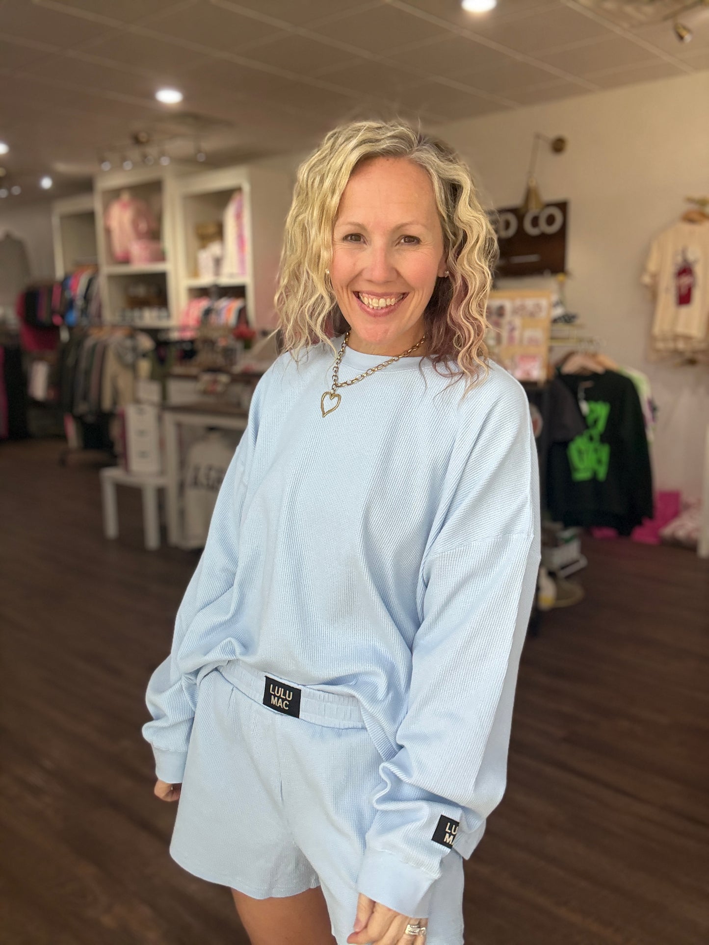 Waffle Pop Long Sleeve Top- Light Blue