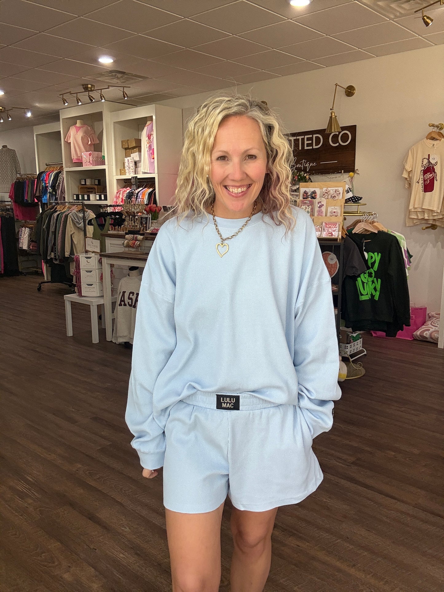 Waffle Pop Long Sleeve Top- Light Blue