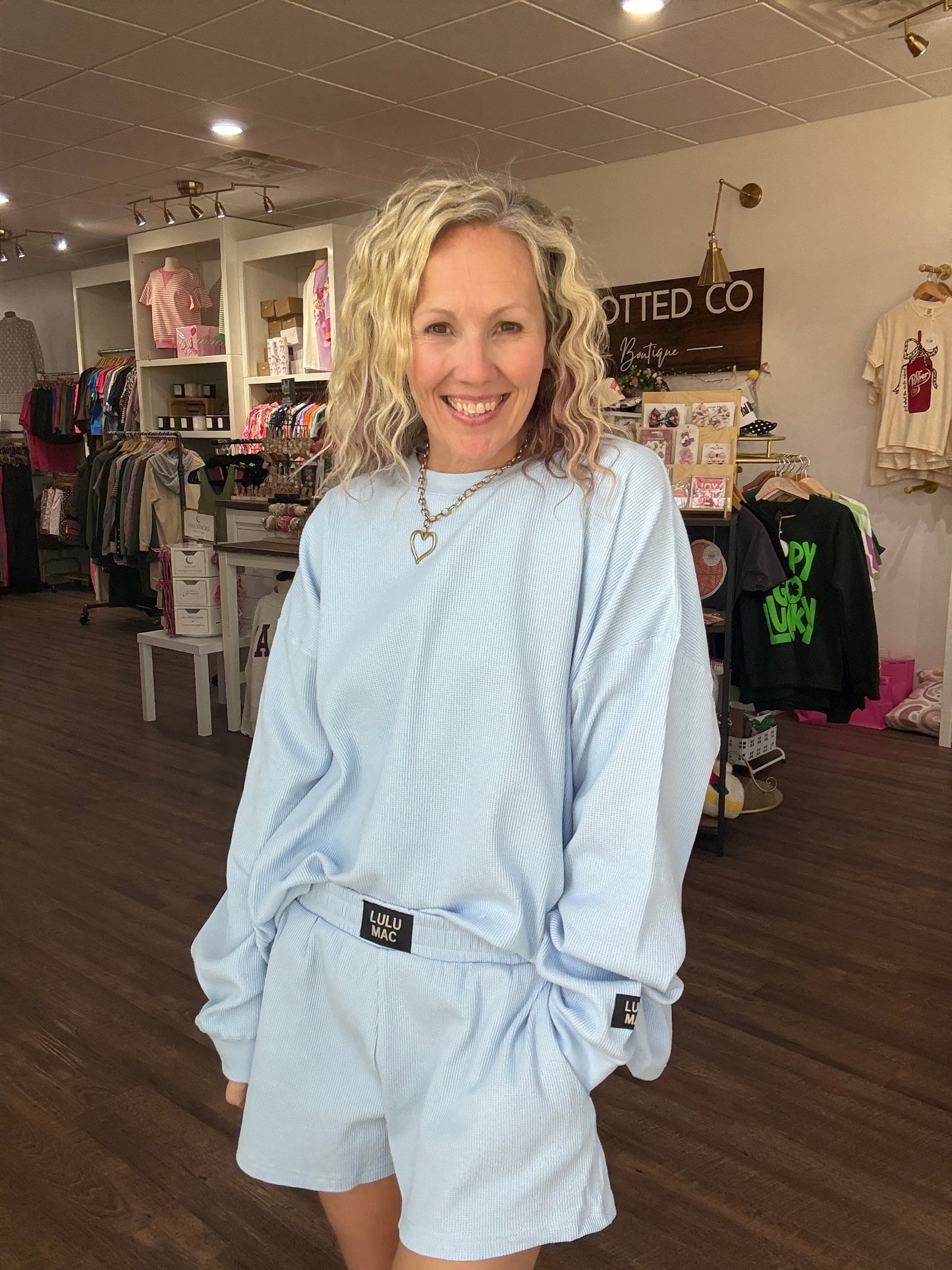 Waffle Pop Long Sleeve Top- Light Blue