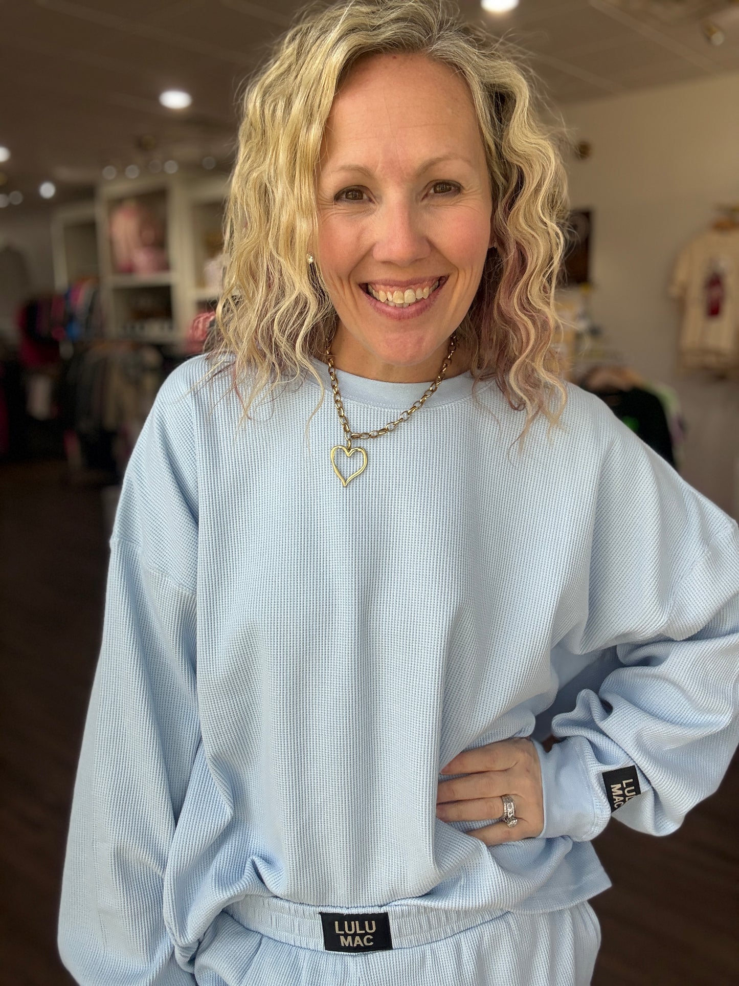 Waffle Pop Long Sleeve Top- Light Blue