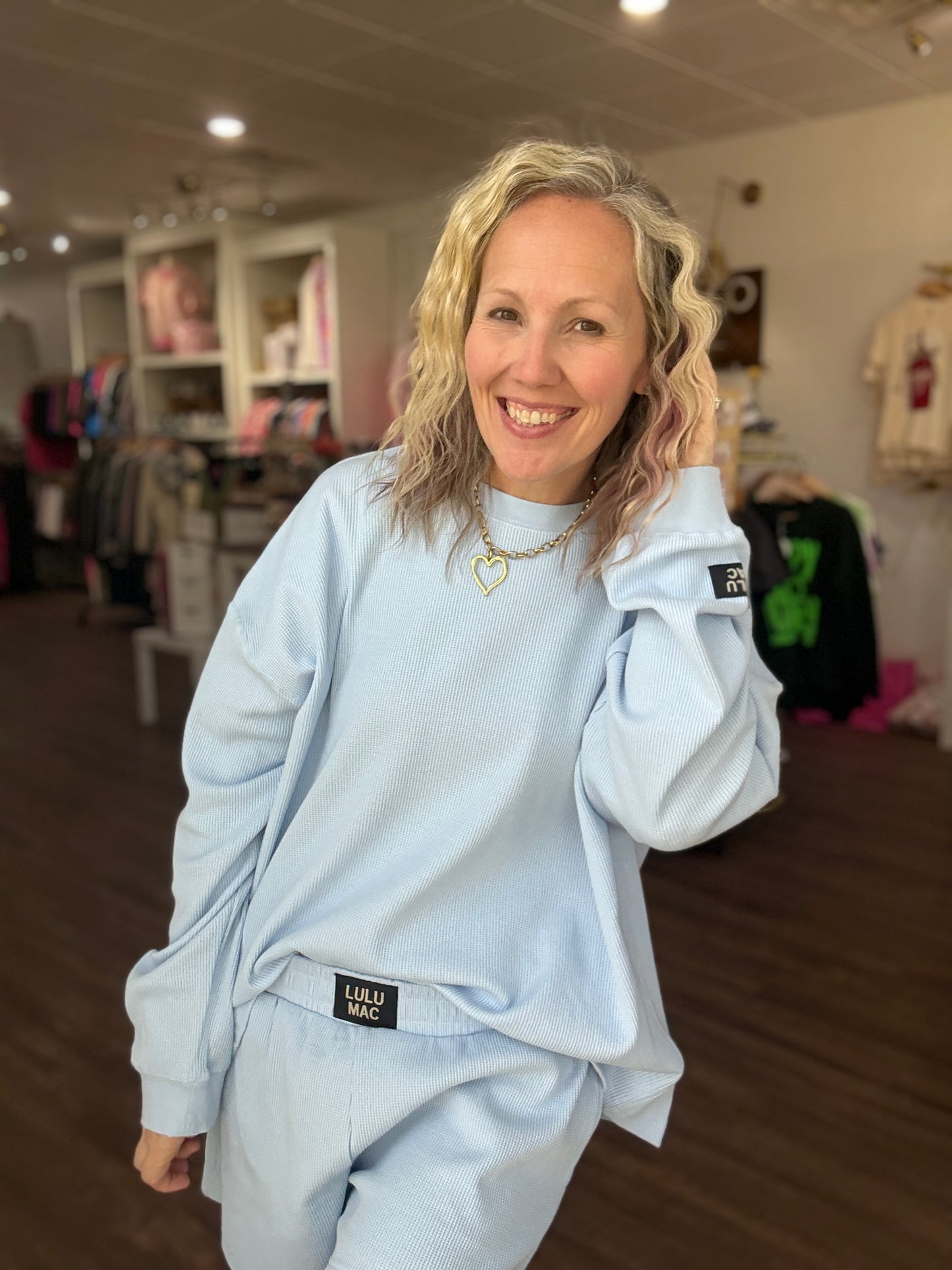 Waffle Pop Long Sleeve Top- Light Blue