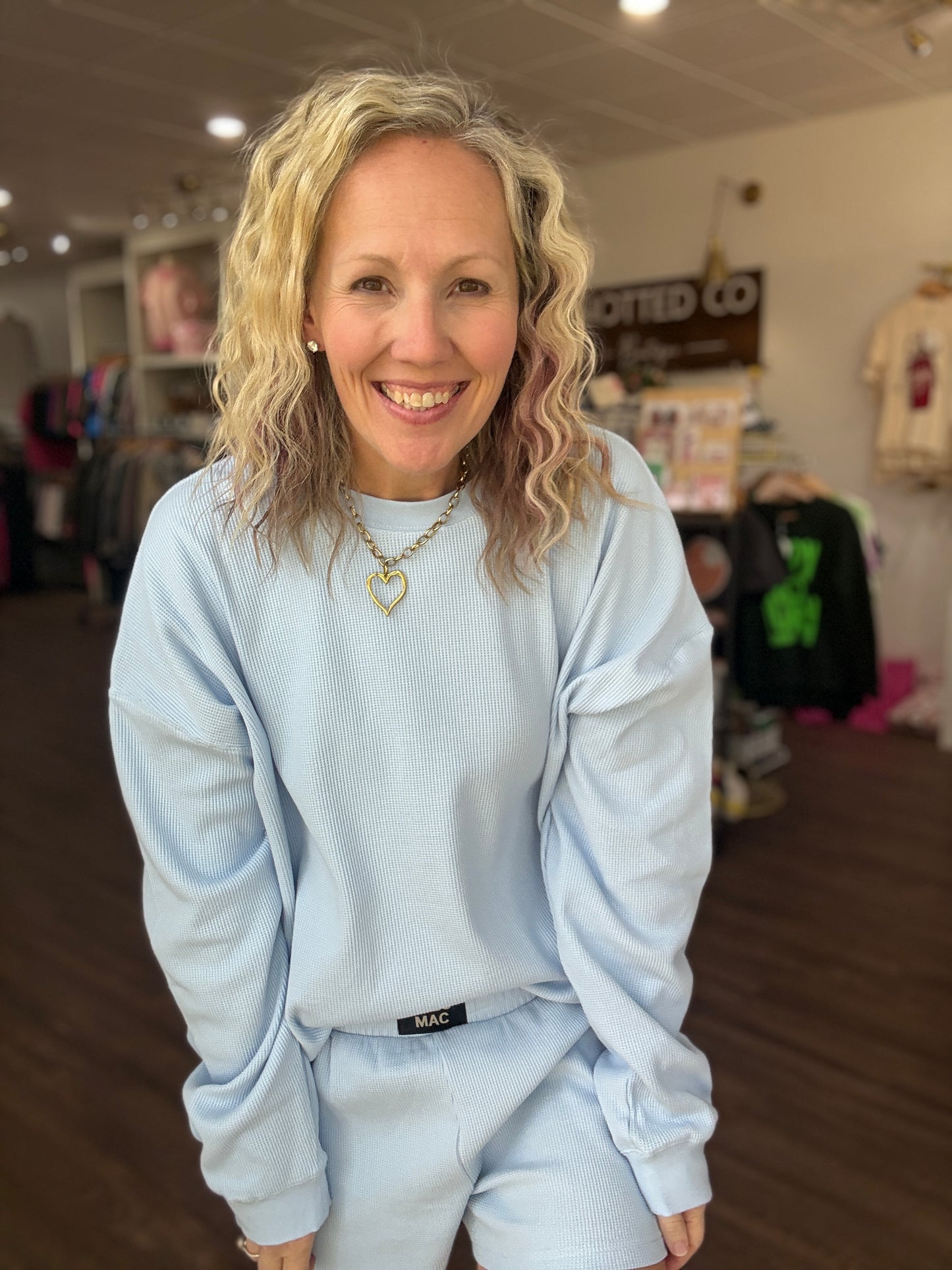 Waffle Pop Long Sleeve Top- Light Blue