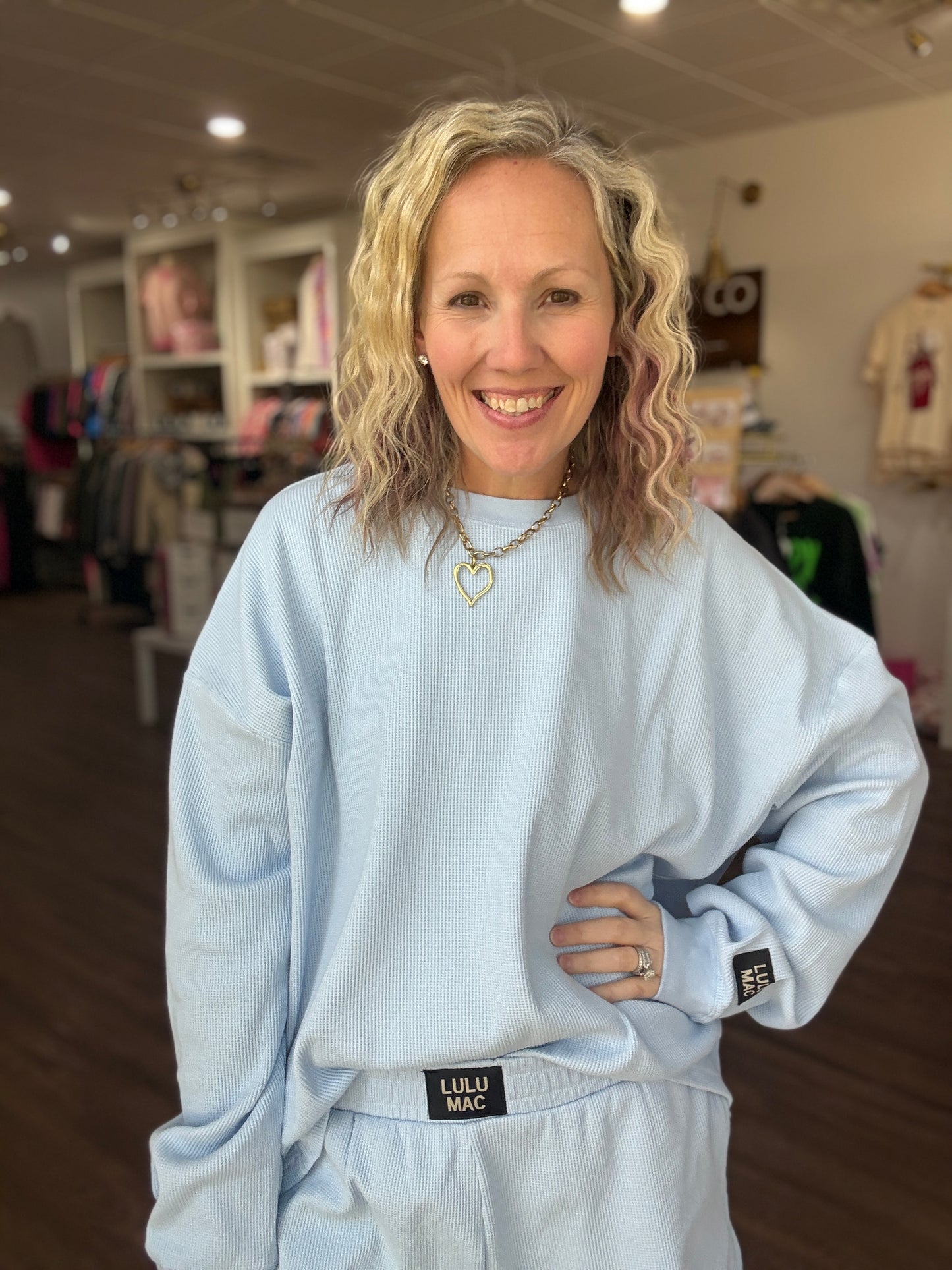 Waffle Pop Long Sleeve Top- Light Blue