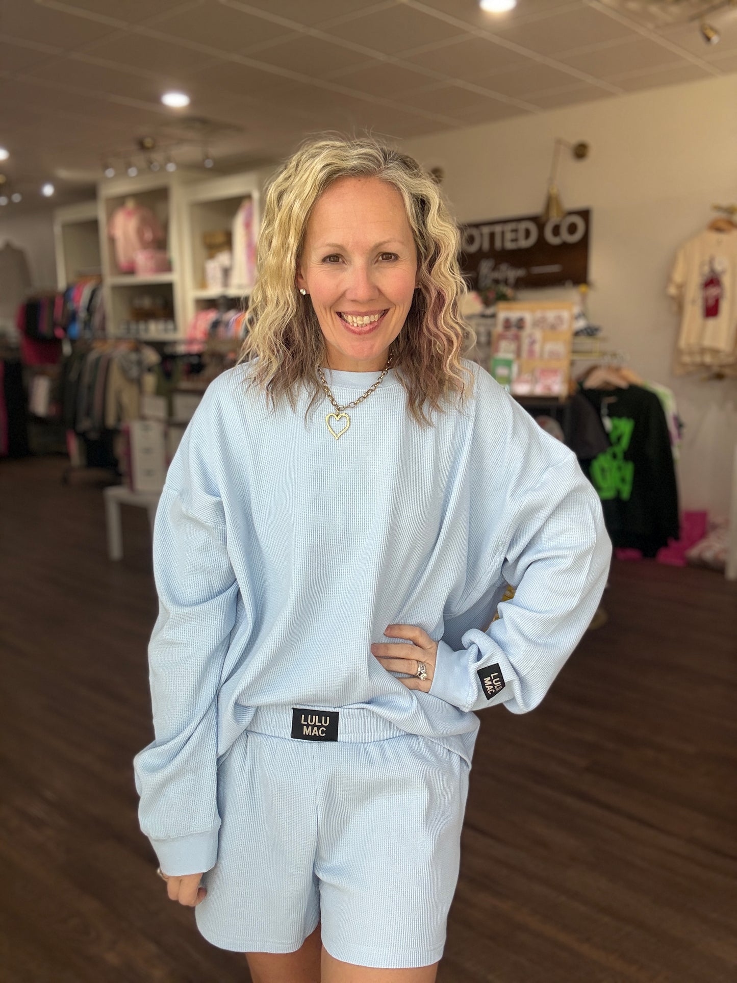 Waffle Pop Long Sleeve Top- Light Blue