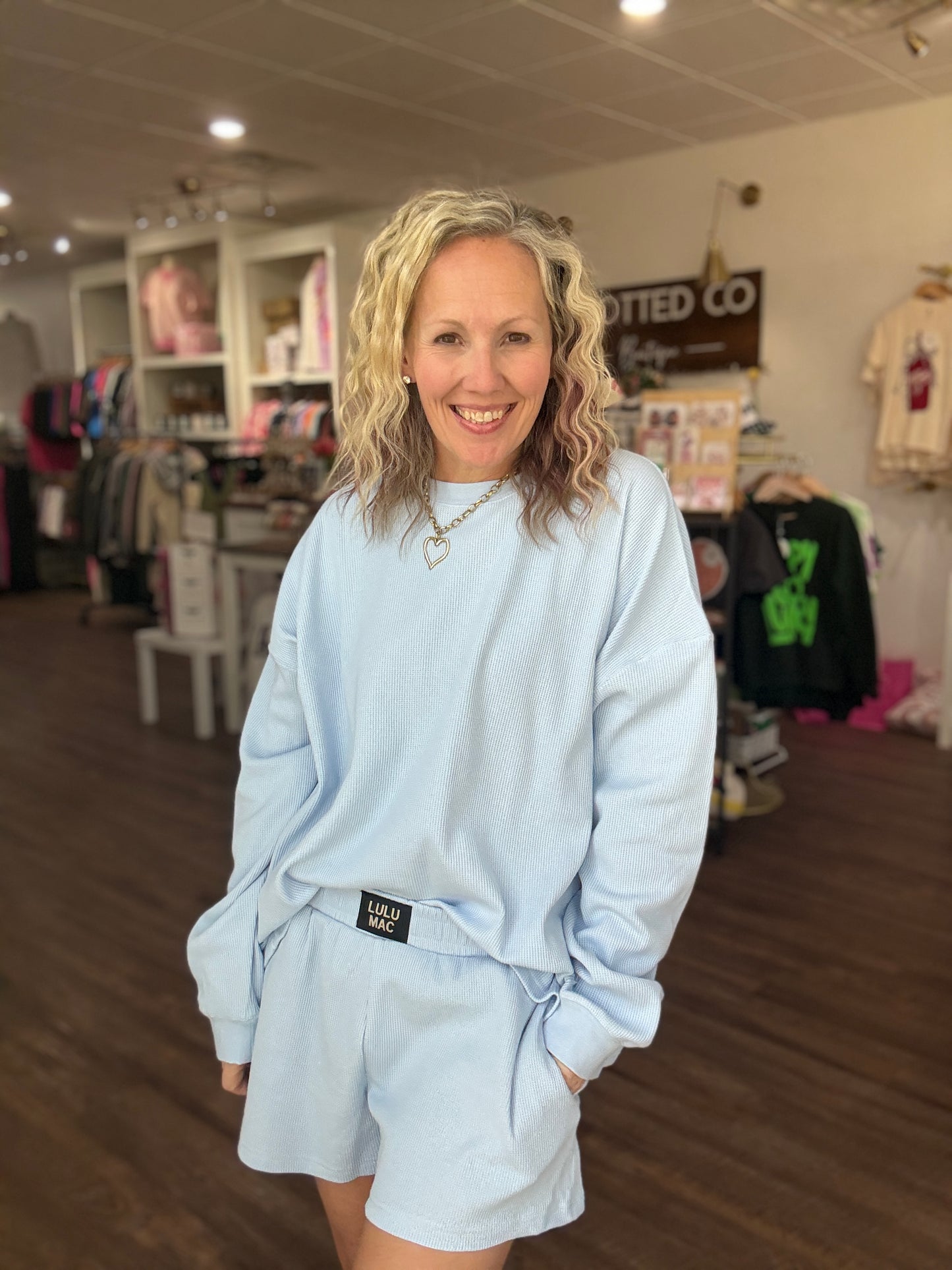 Waffle Pop Long Sleeve Top- Light Blue