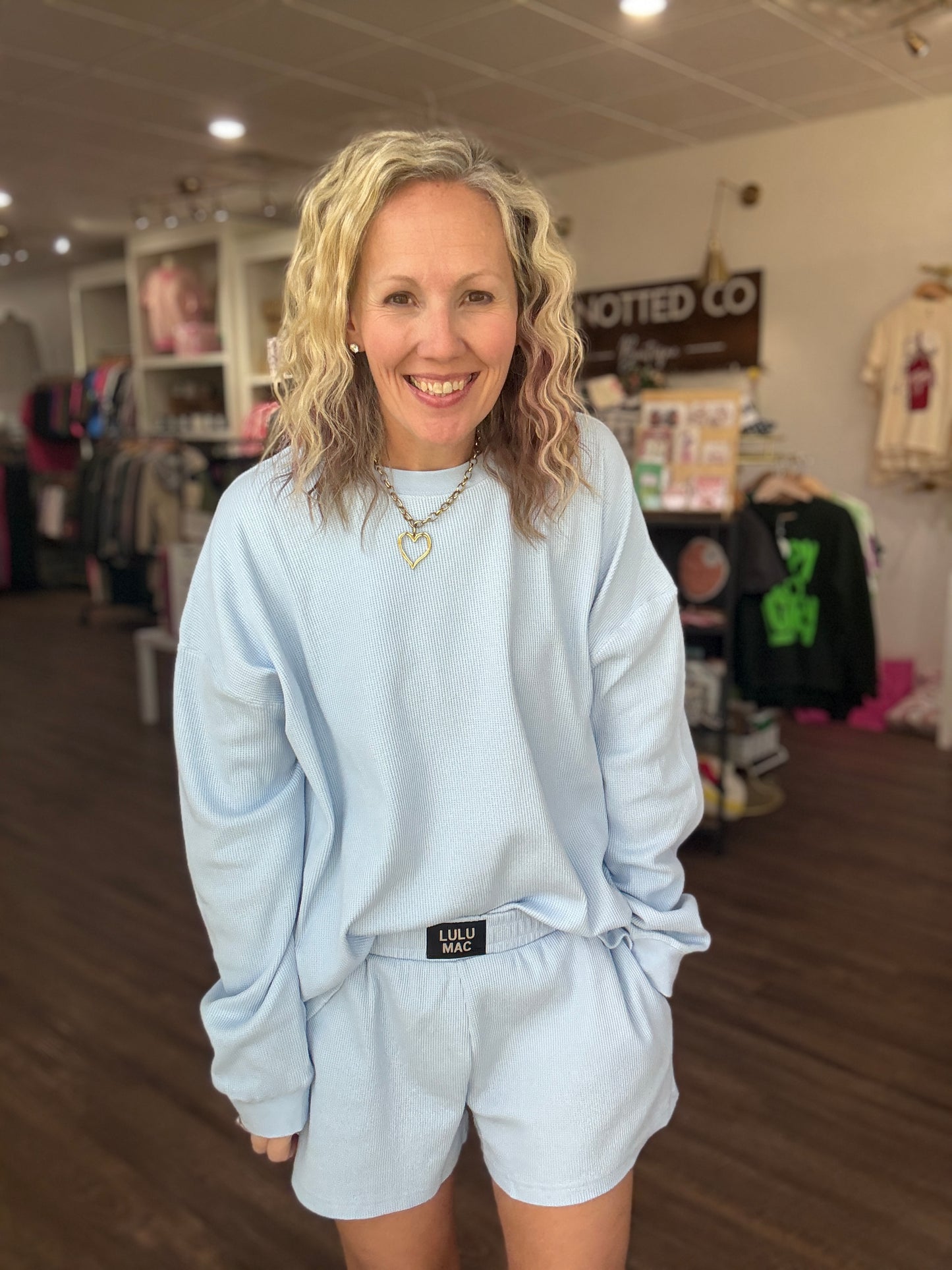 Waffle Pop Long Sleeve Top- Light Blue