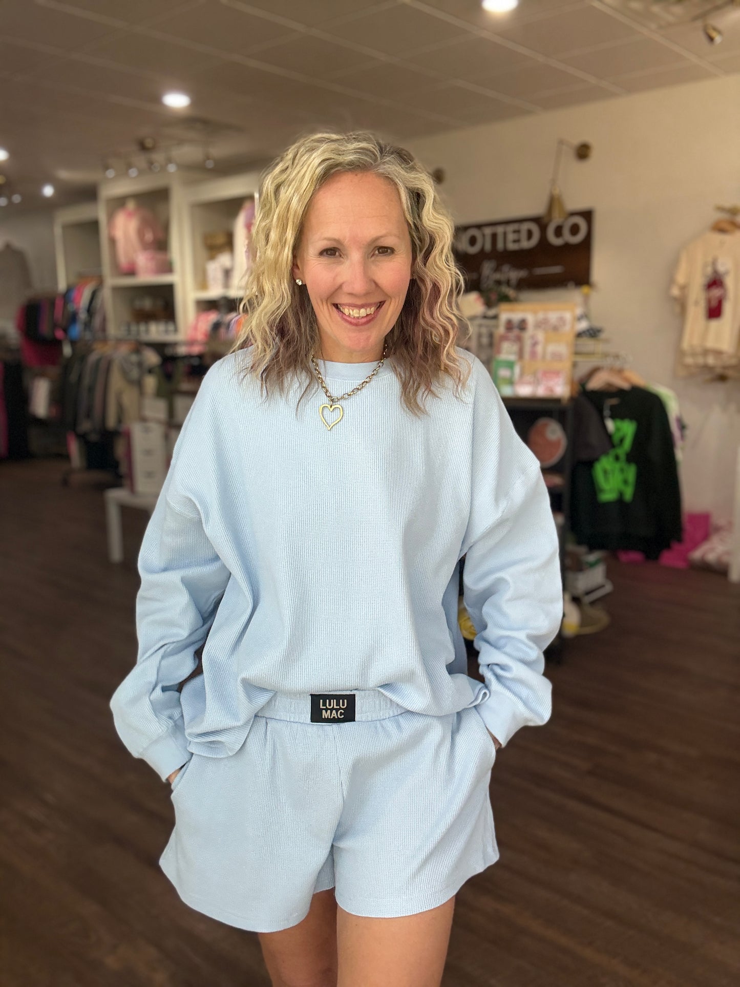 Waffle Pop Long Sleeve Top- Light Blue