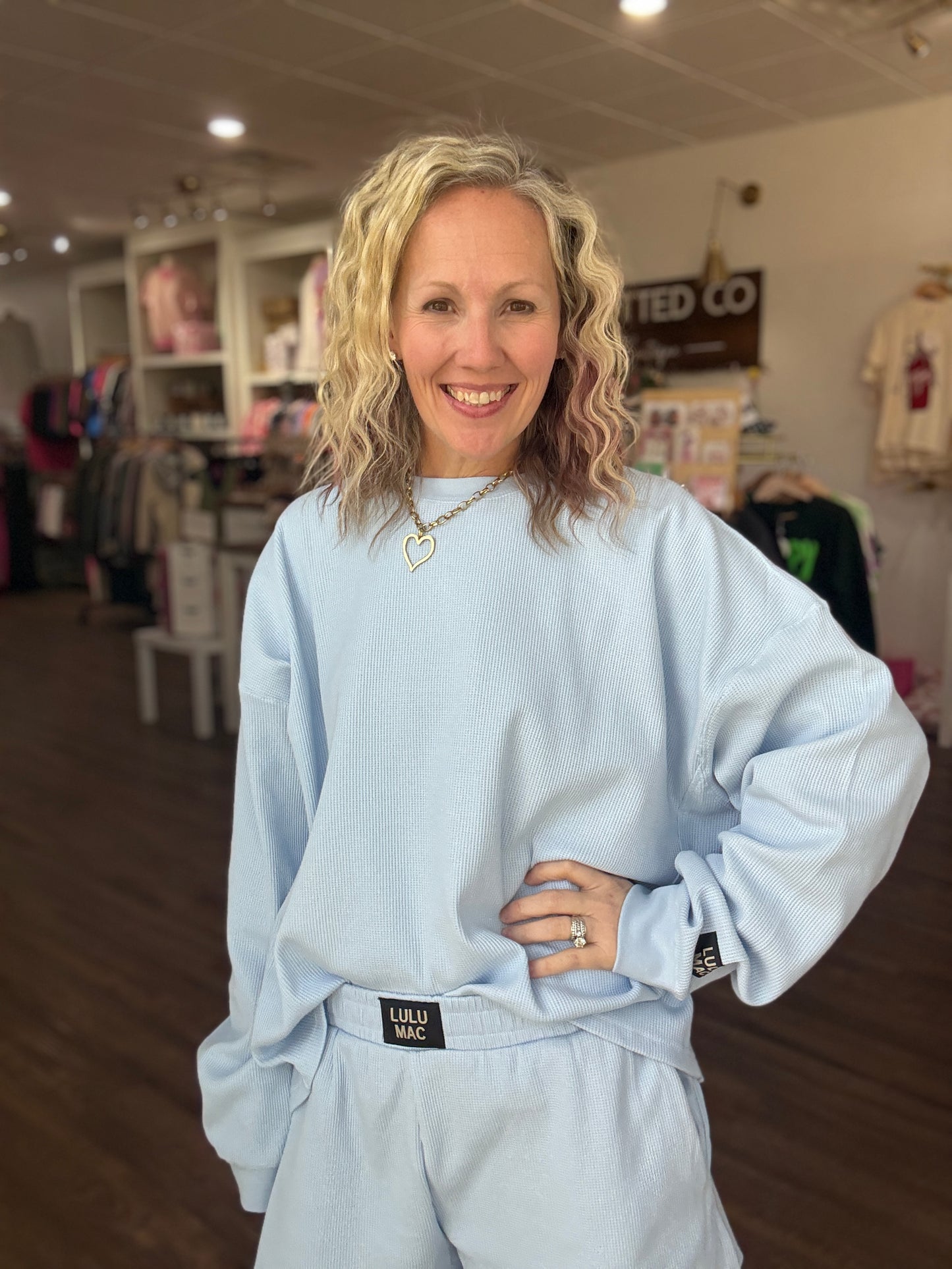 Waffle Pop Long Sleeve Top- Light Blue