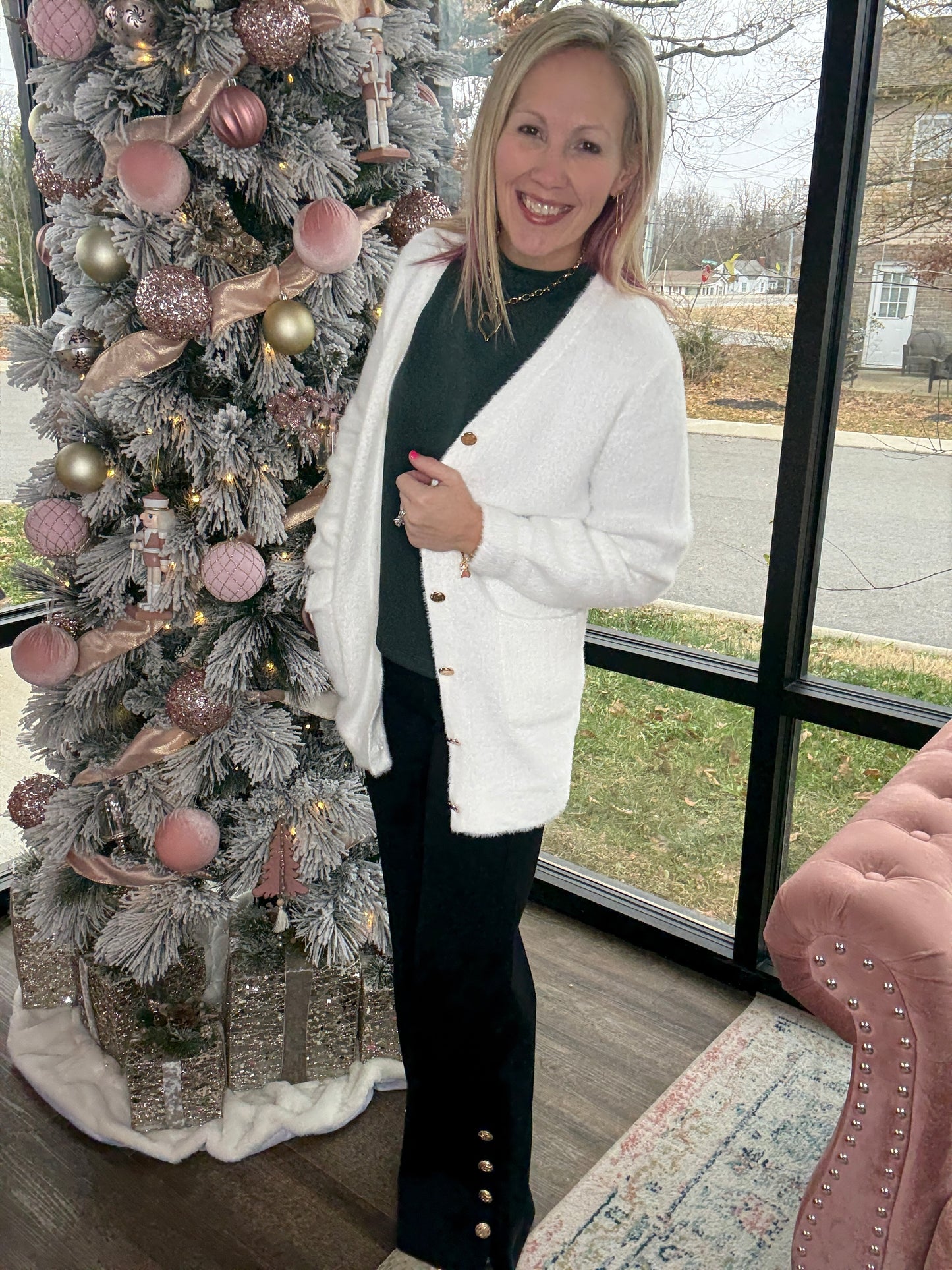 Gold Button Knit Cardigan- Cream