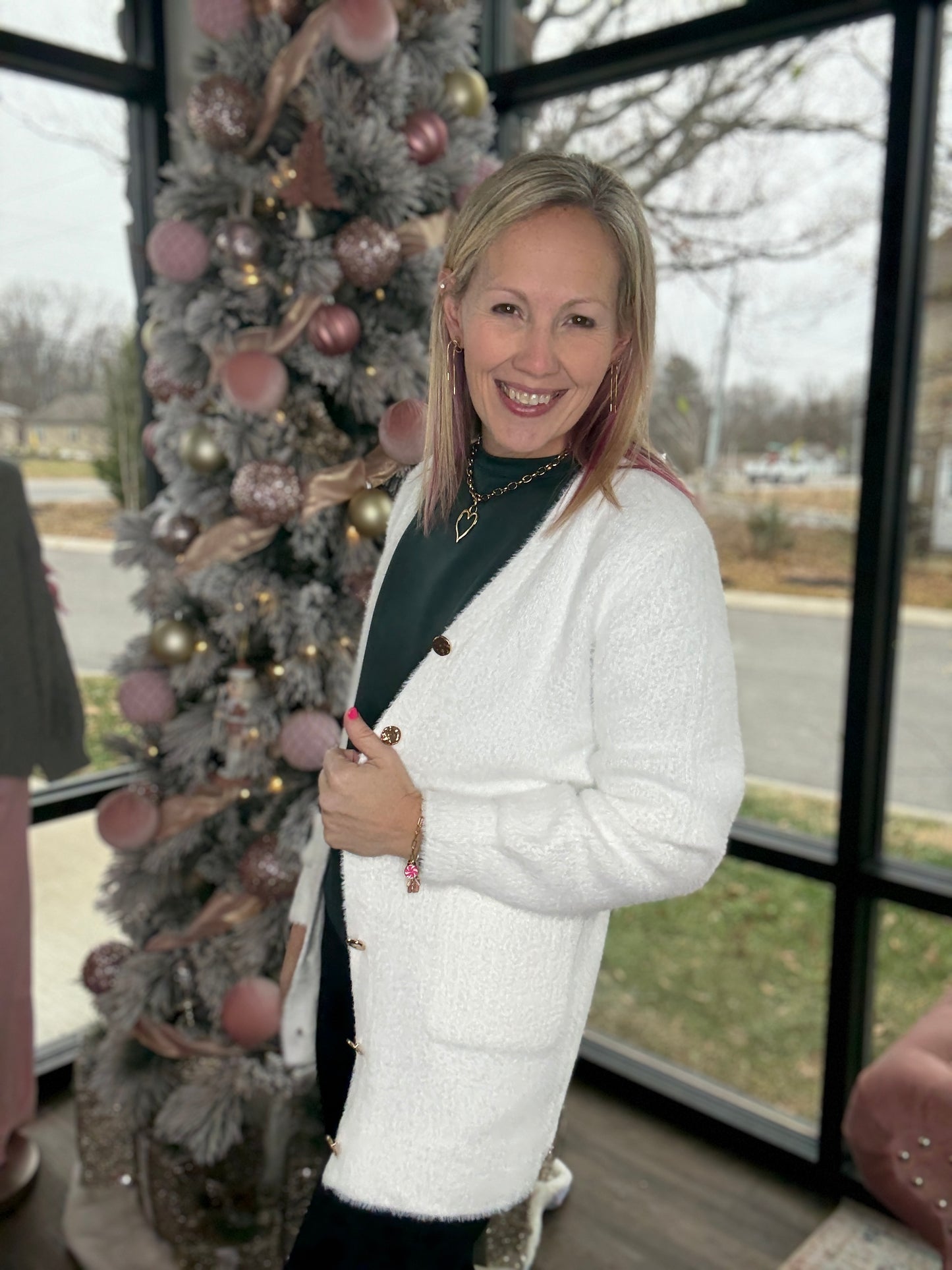 Gold Button Knit Cardigan- Cream