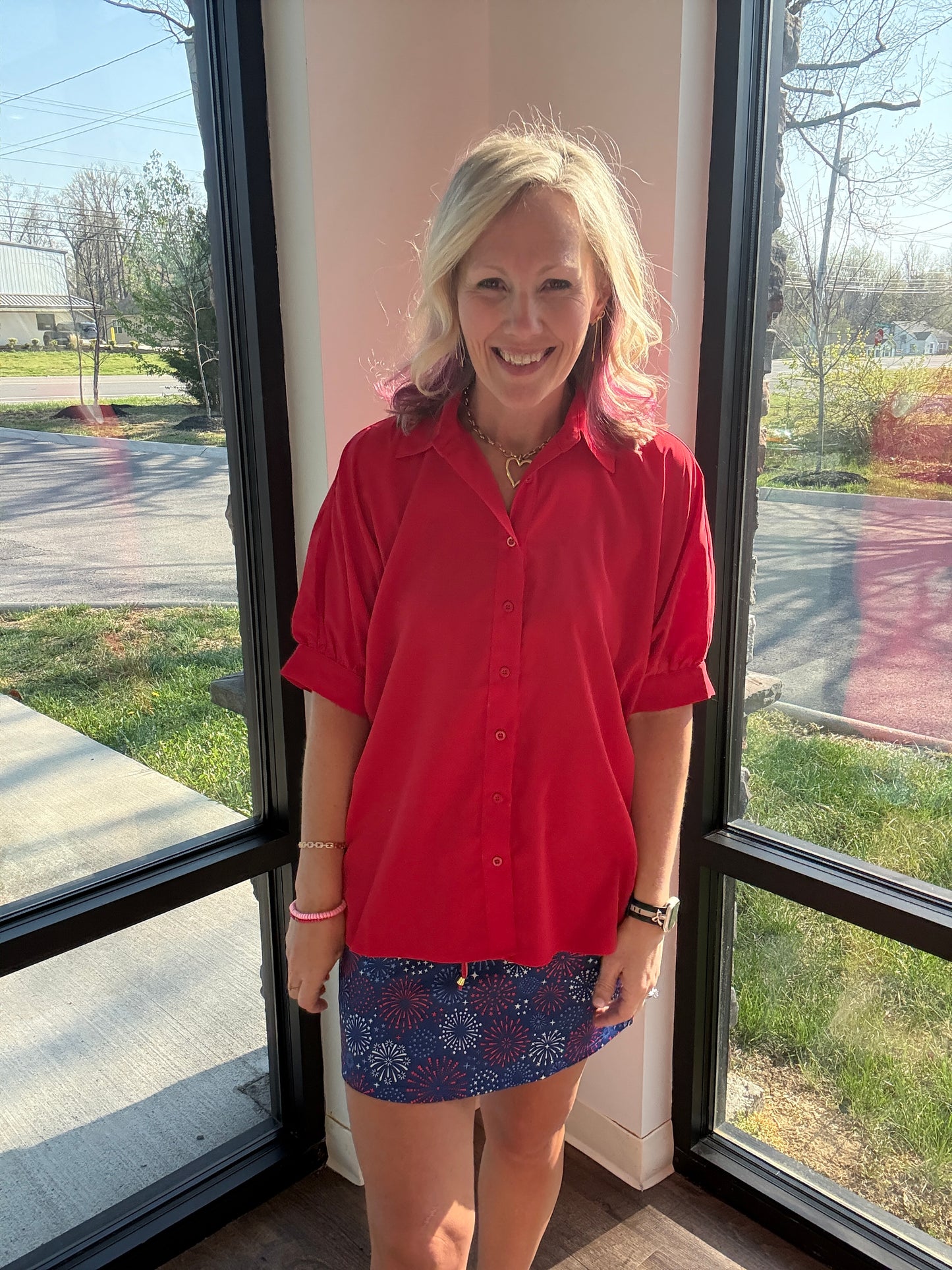 Sutton Button Up Top- Red