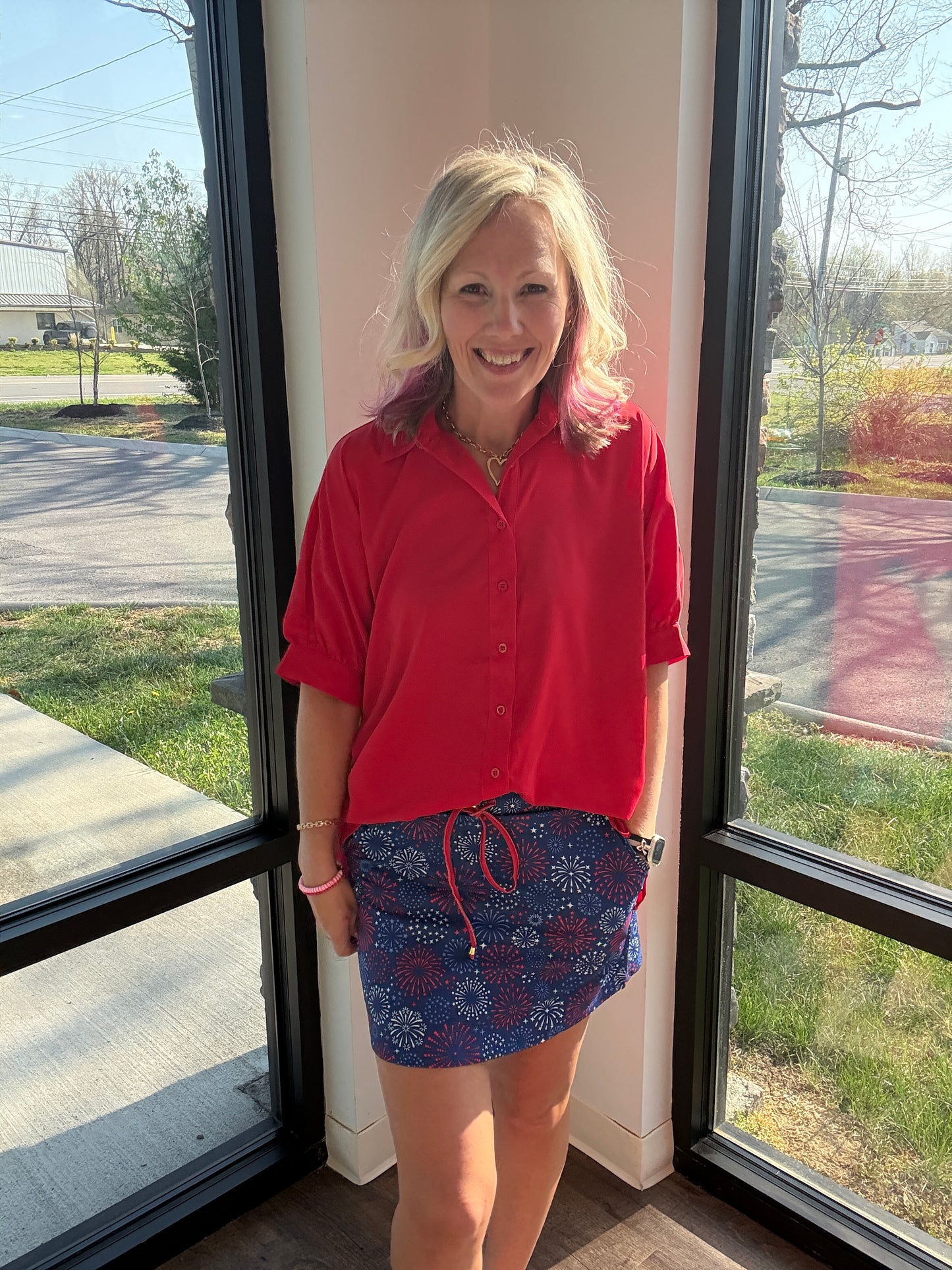 Sutton Button Up Top- Red