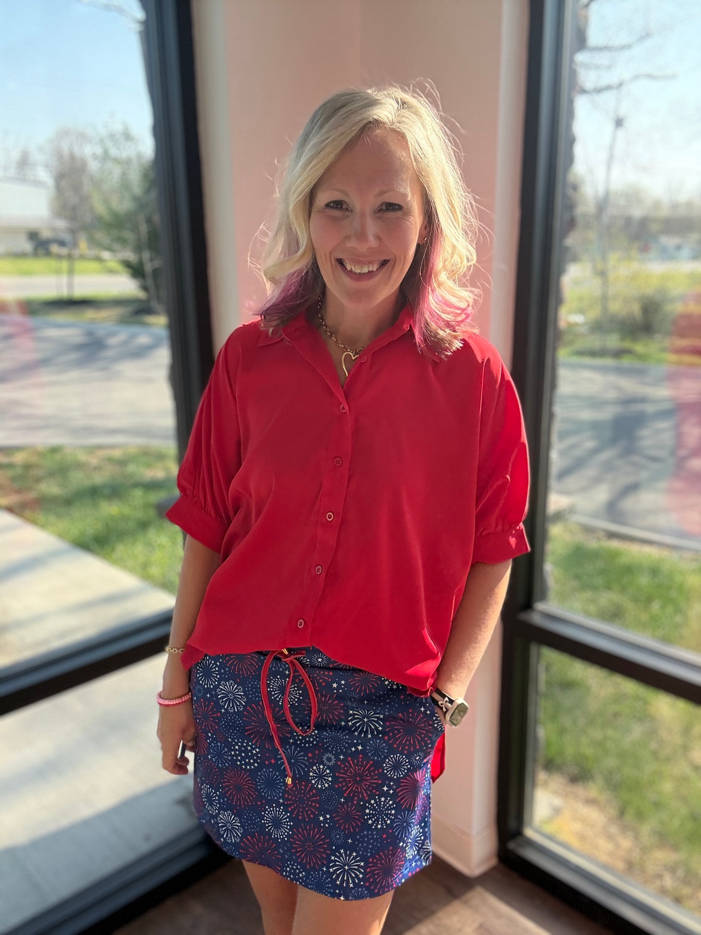 Sutton Button Up Top- Red