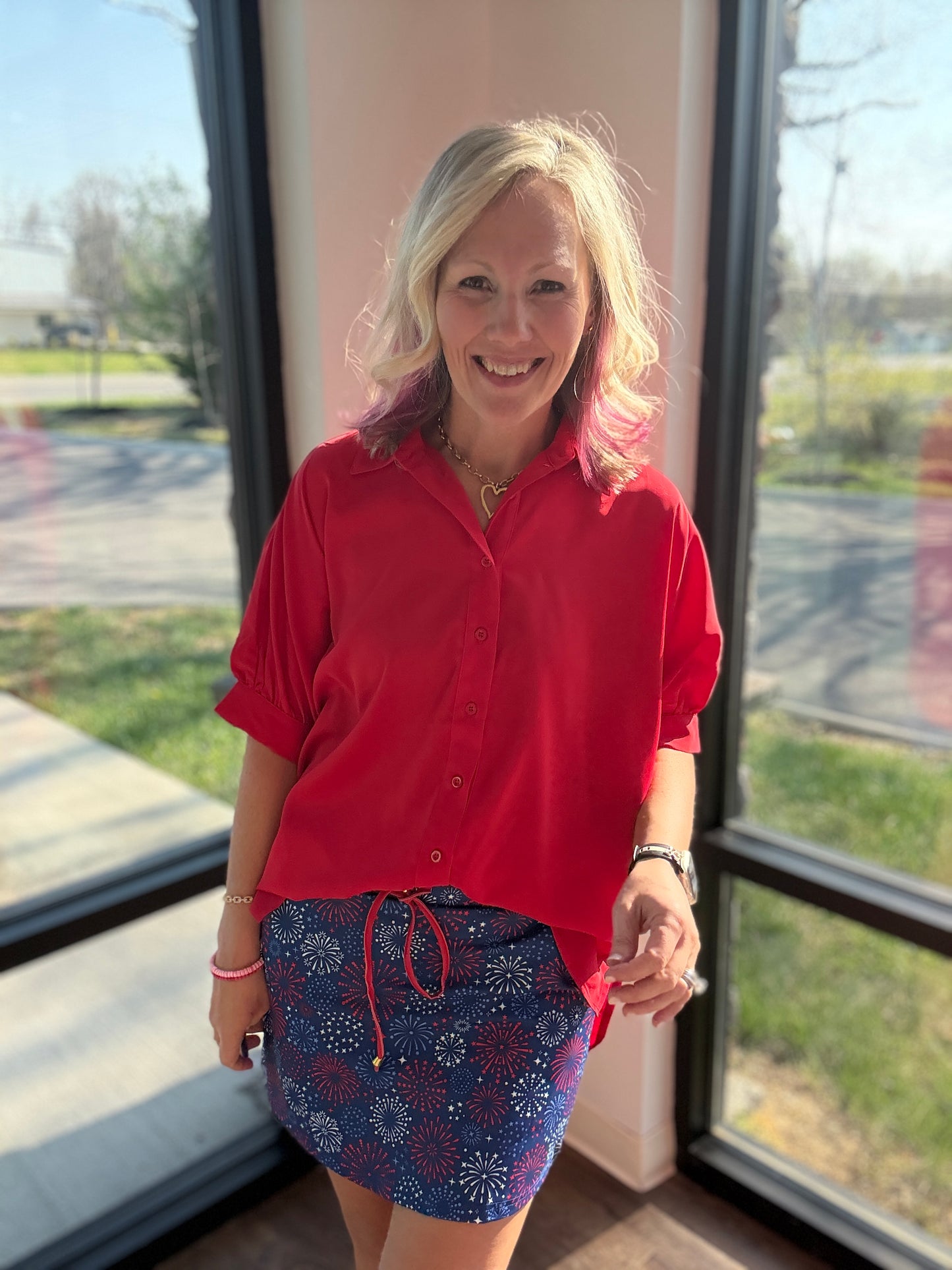 Sutton Button Up Top- Red