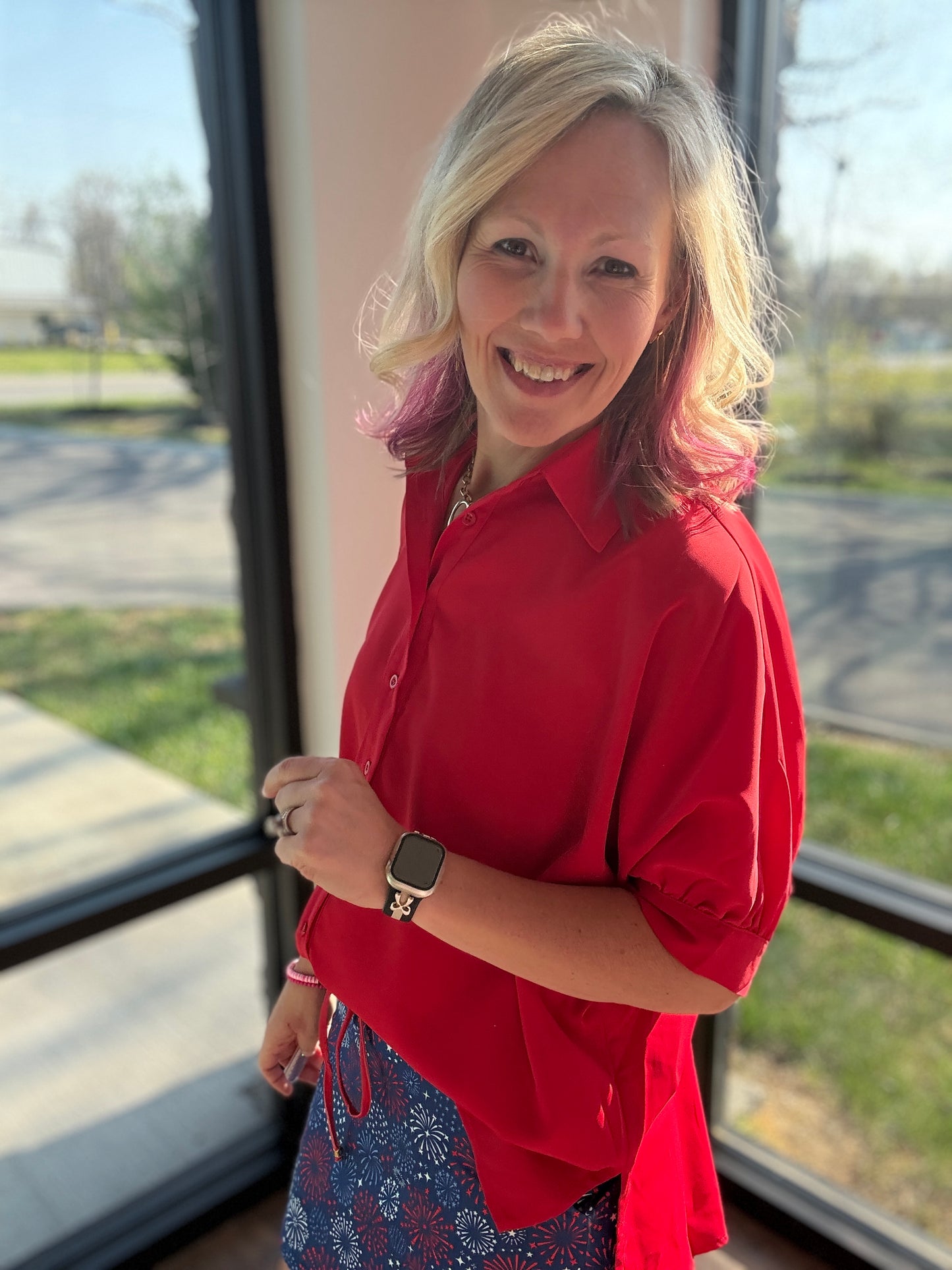 Sutton Button Up Top- Red