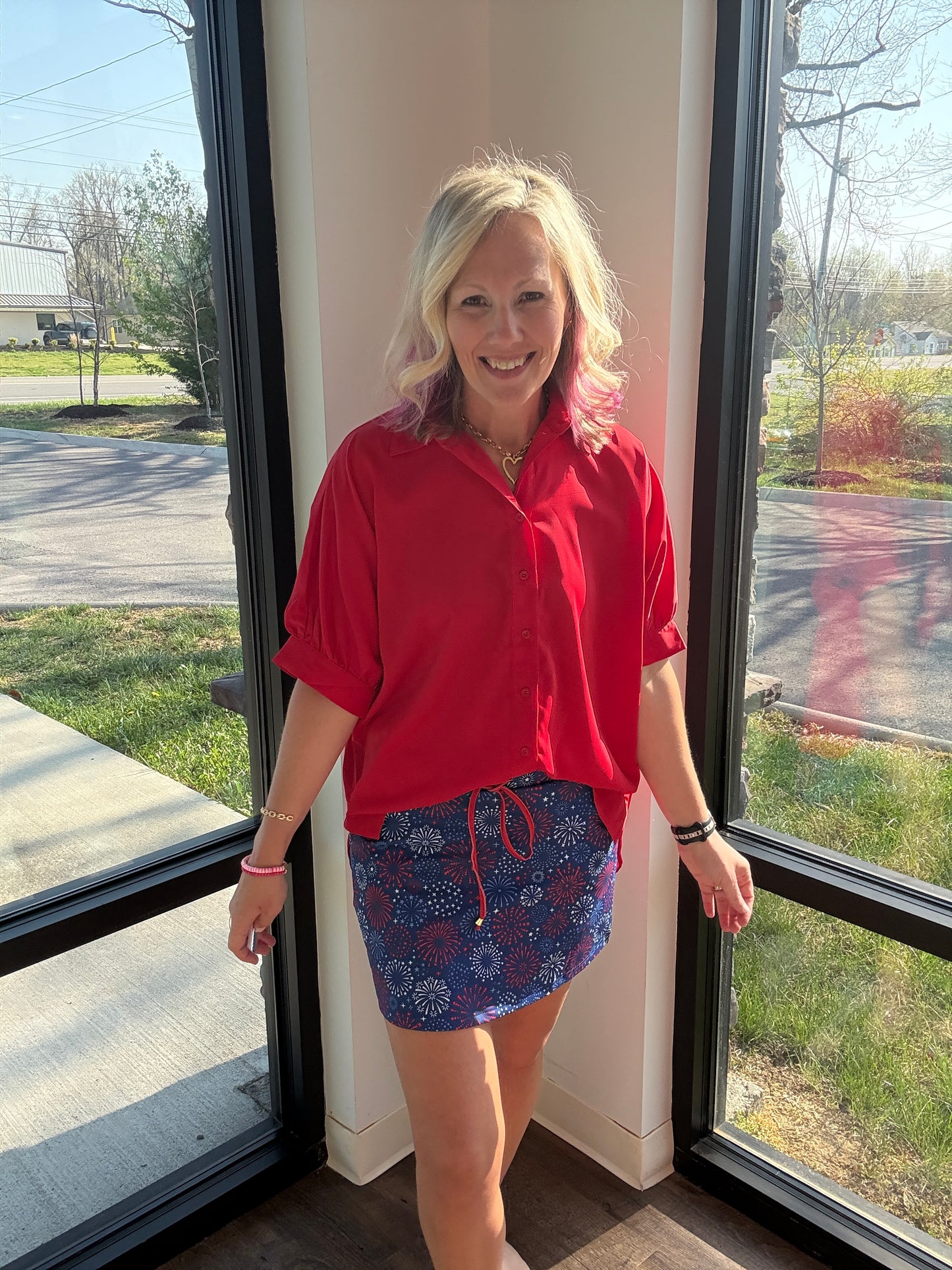Sutton Button Up Top- Red