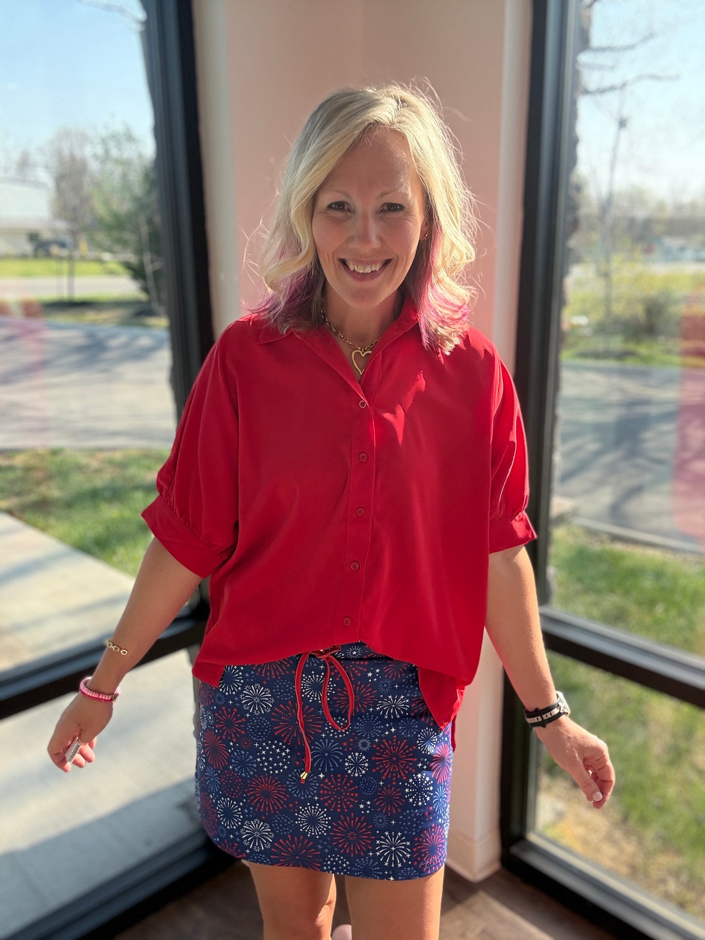 Sutton Button Up Top- Red