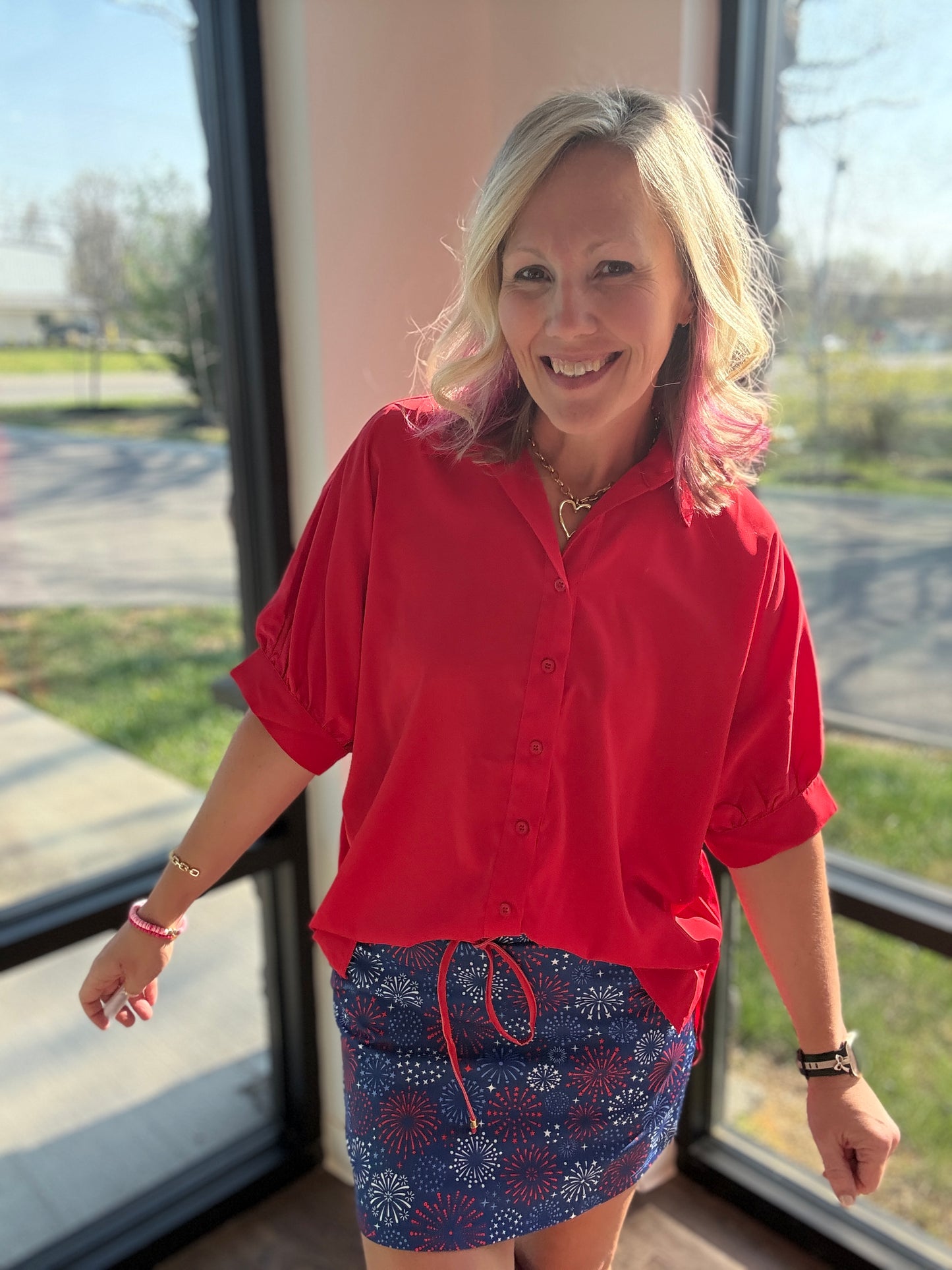 Sutton Button Up Top- Red