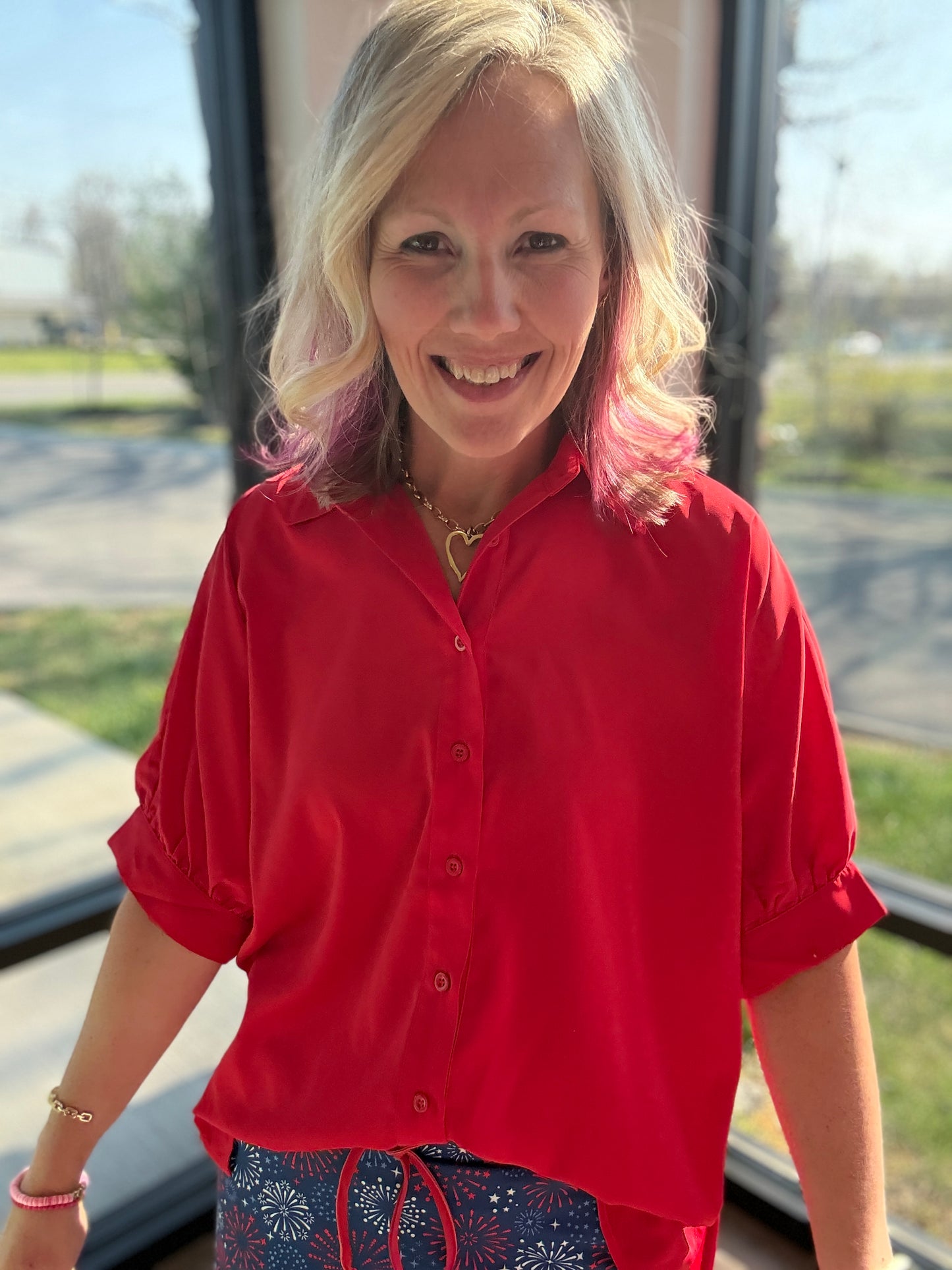 Sutton Button Up Top- Red