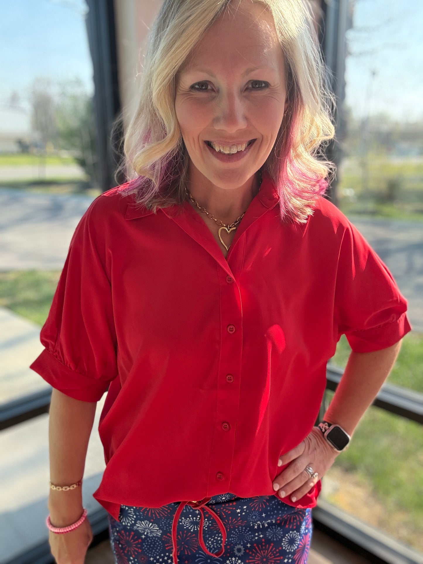 Sutton Button Up Top- Red