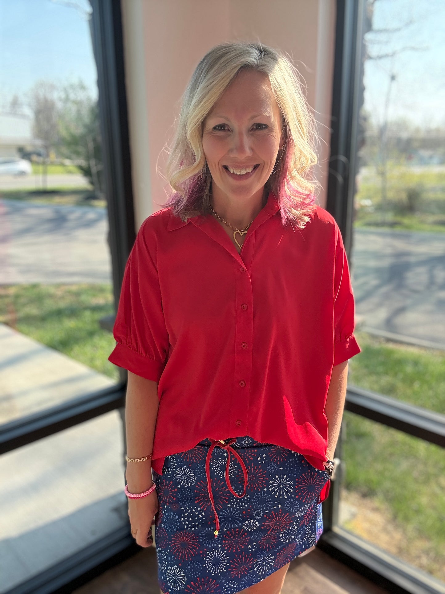 Sutton Button Up Top- Red