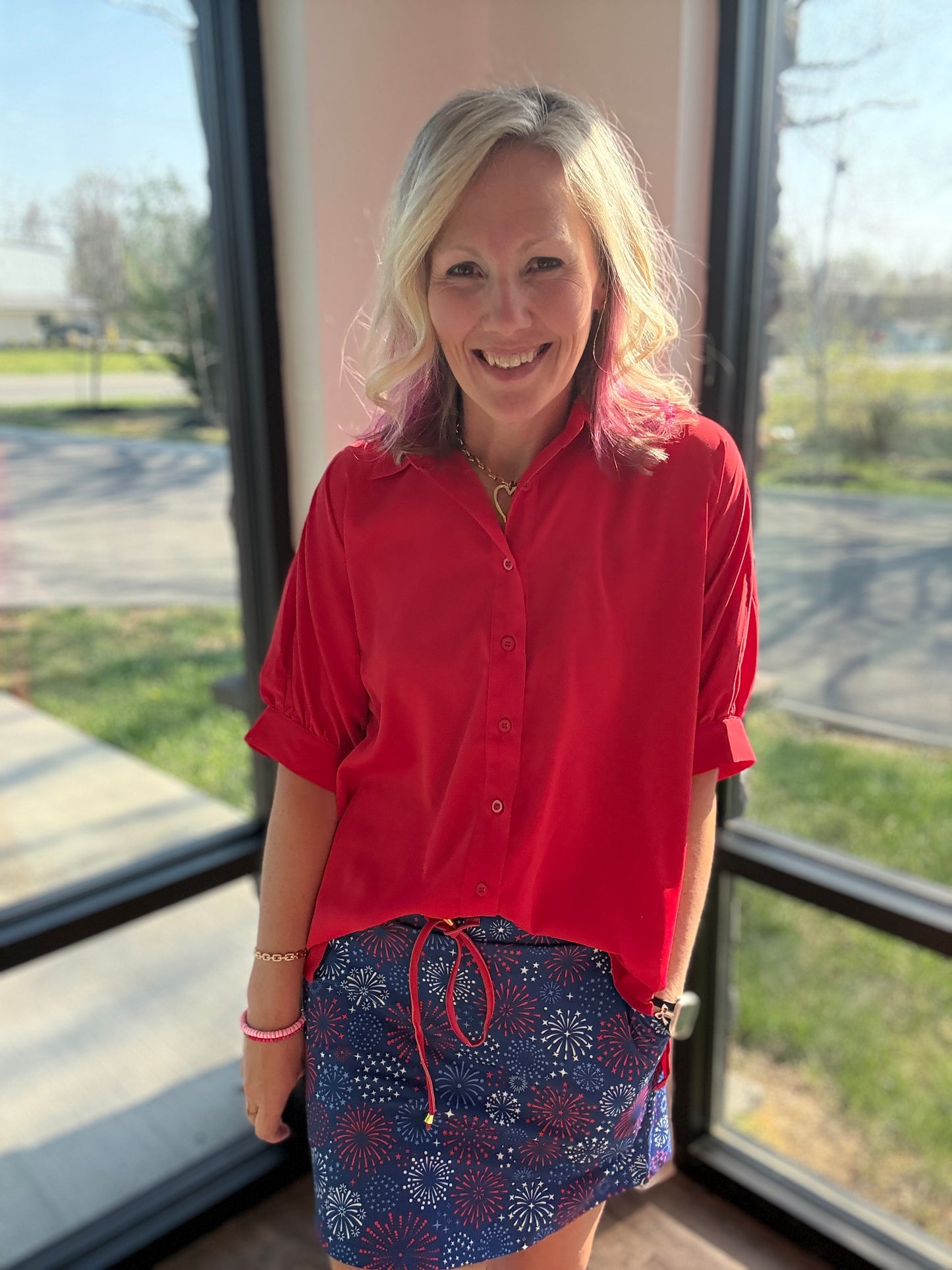 Sutton Button Up Top- Red