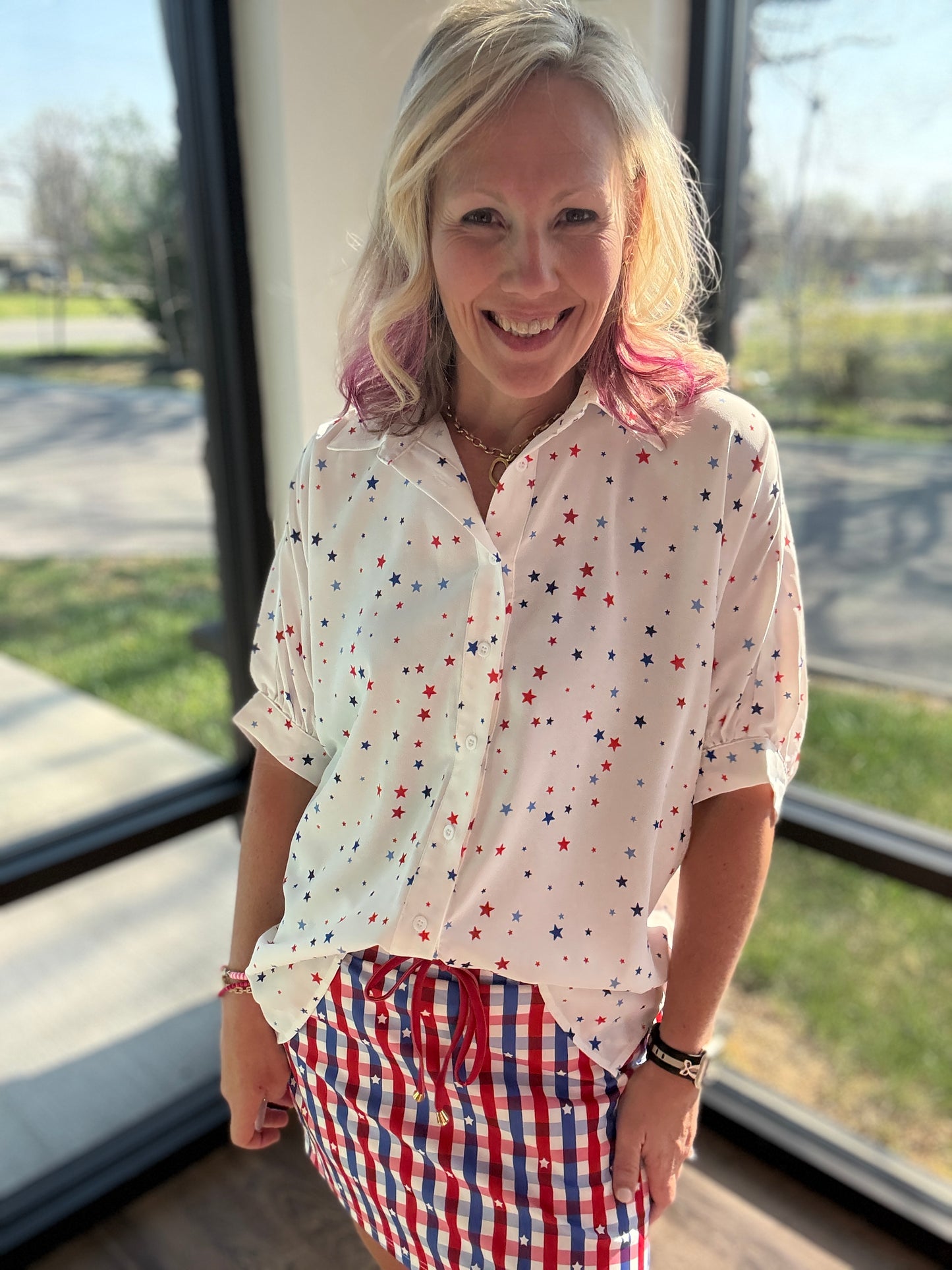 Sutton Button Up Top- Patriotic Stars