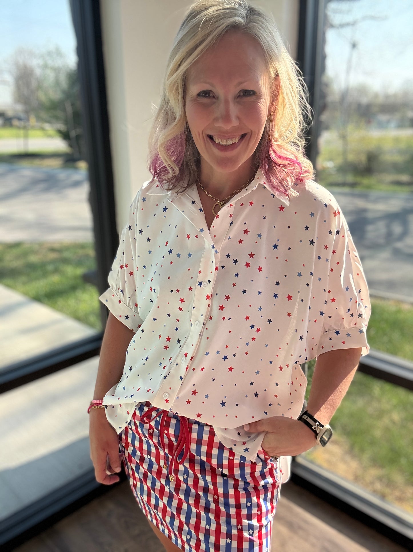 Sutton Button Up Top- Patriotic Stars