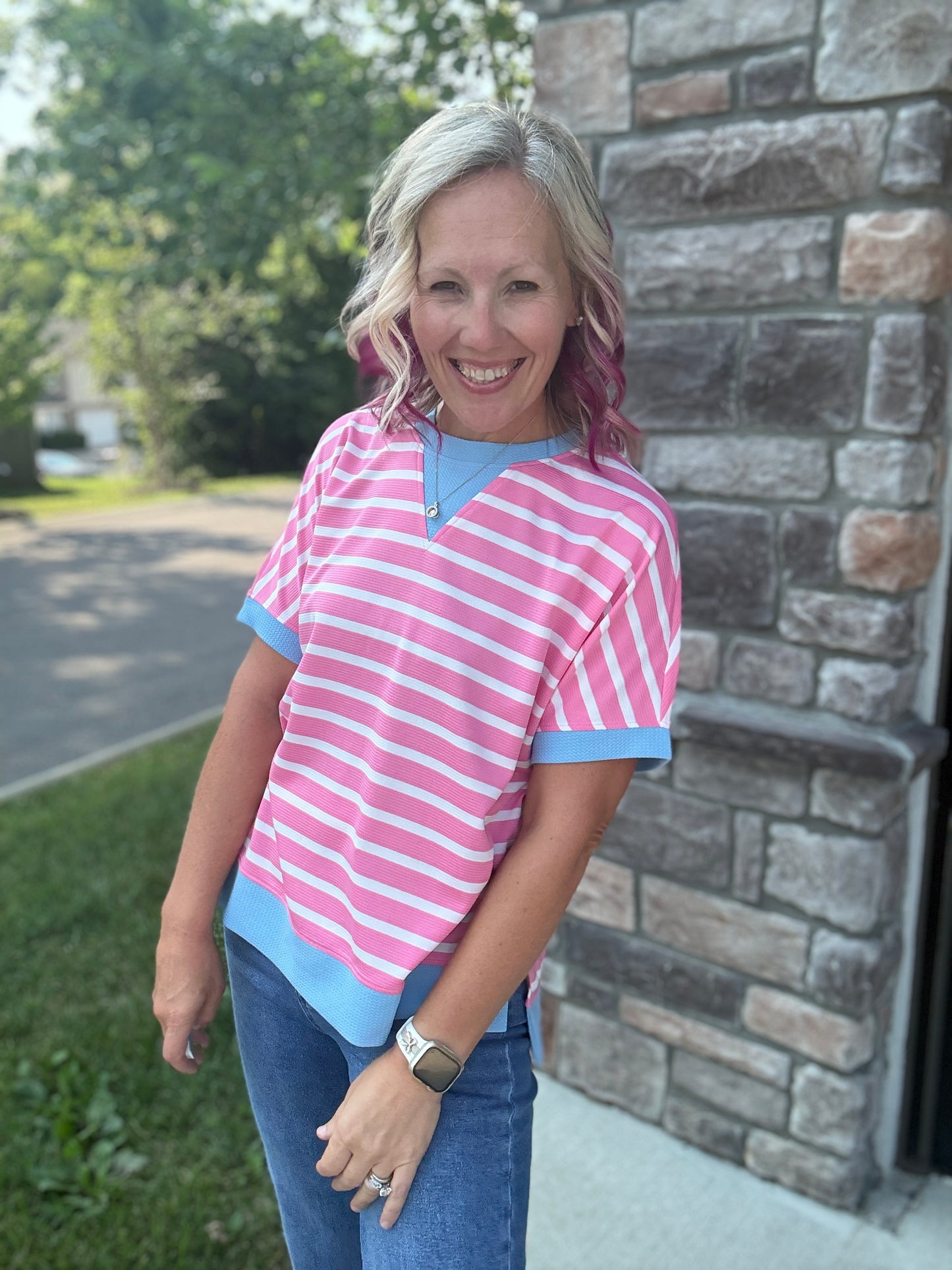 Simply Striped Tee- Pink