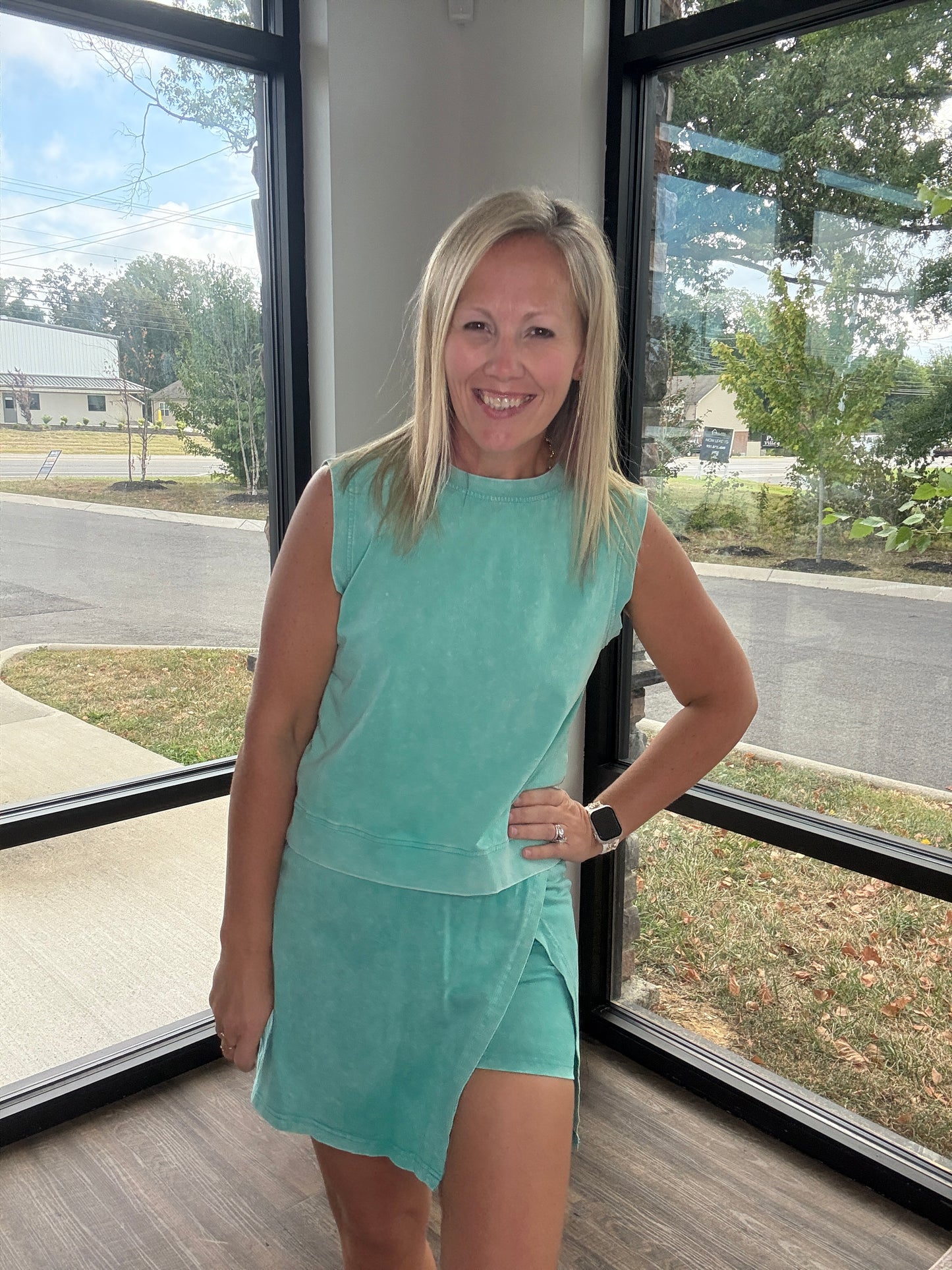 Green Acid Wash Skort Set
