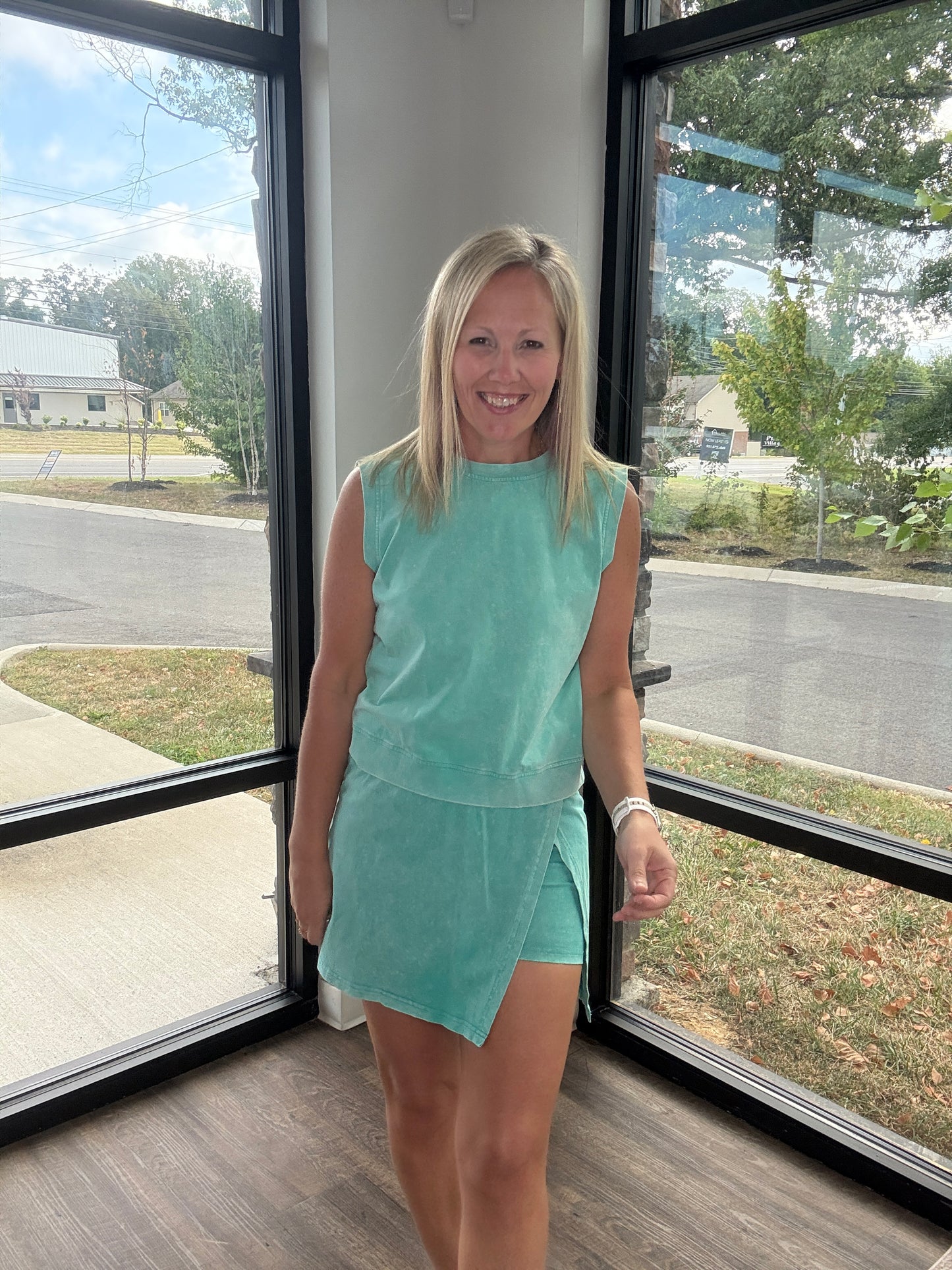 Green Acid Wash Skort Set