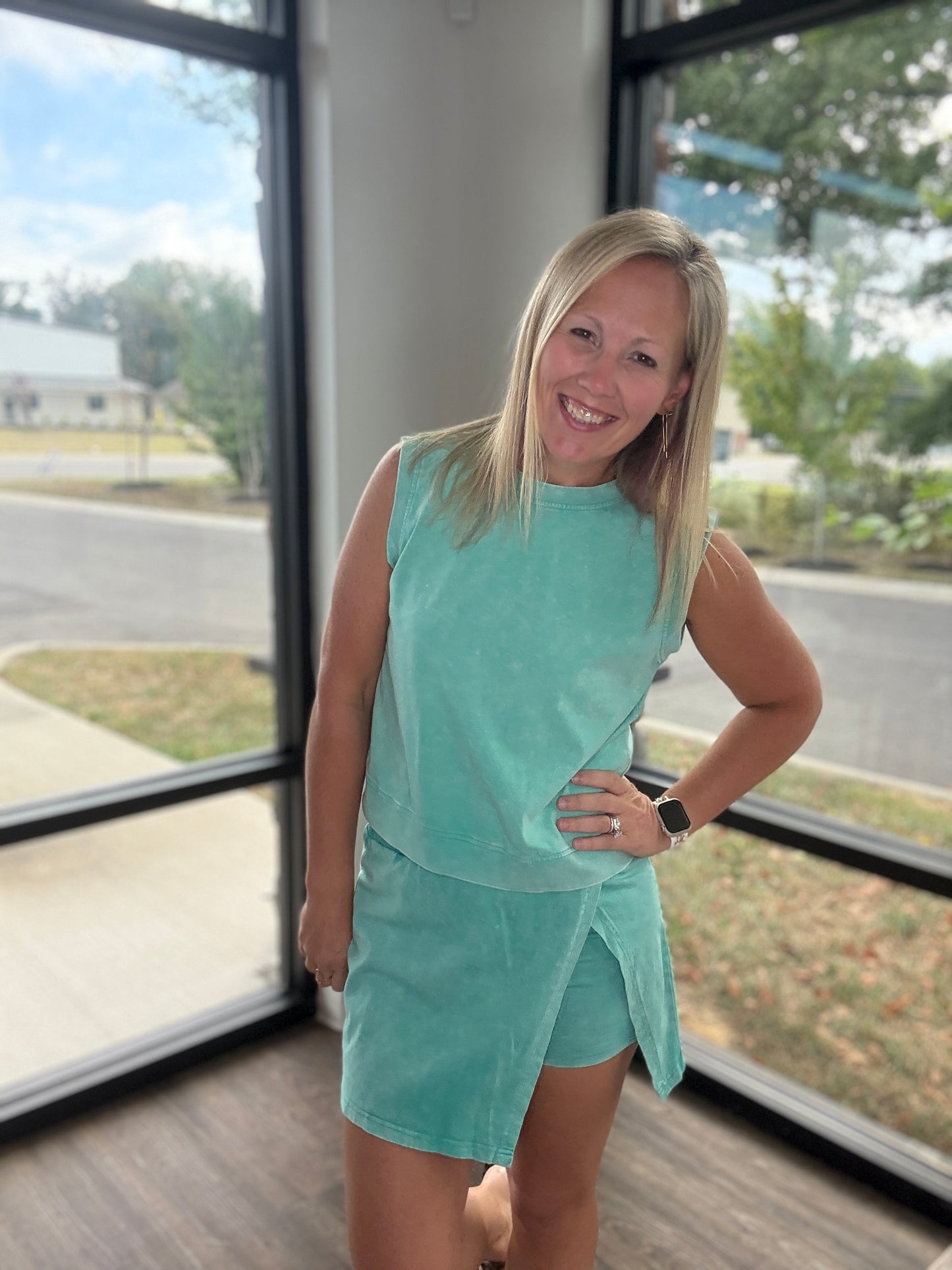 Green Acid Wash Skort Set